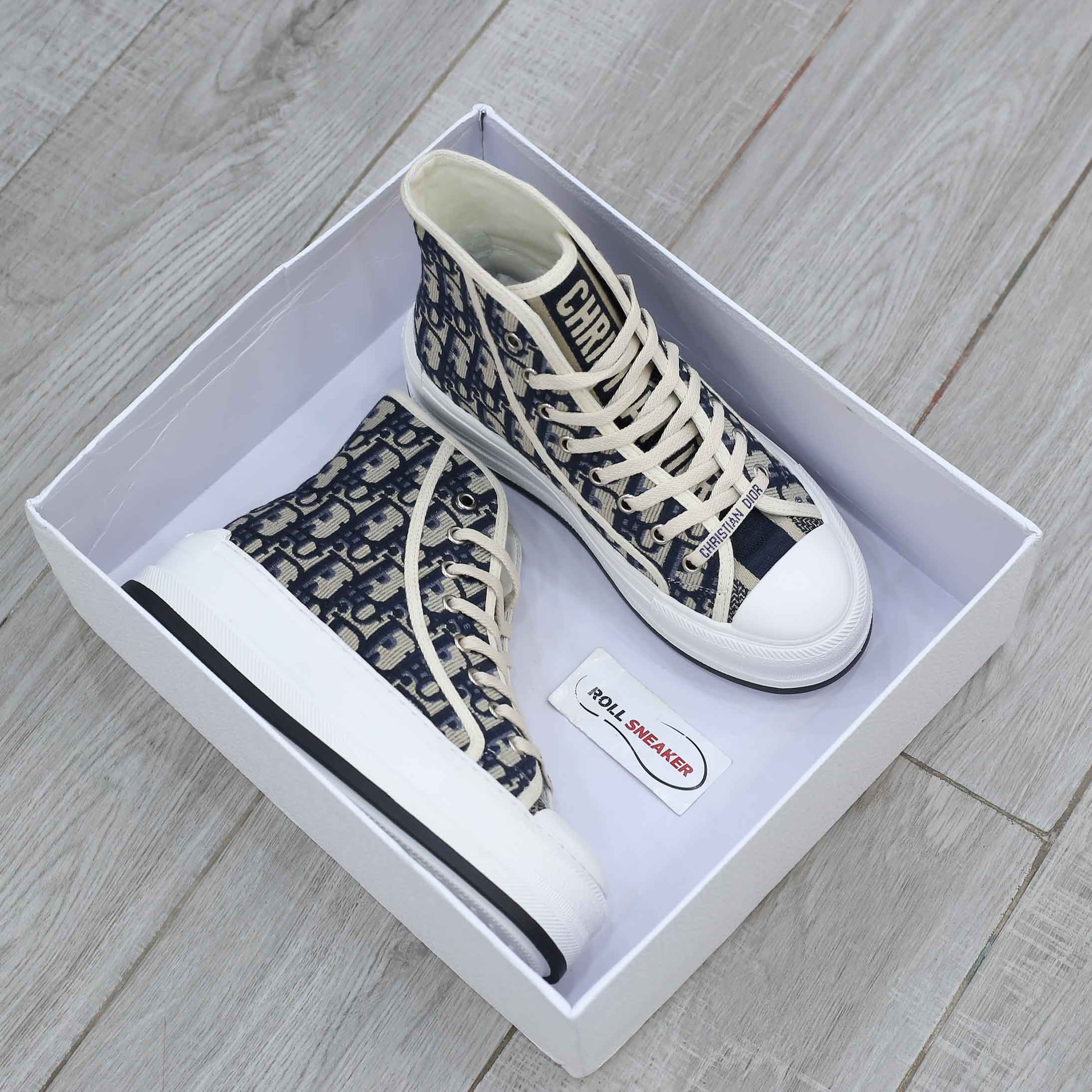 Giày WALK’N’DIOR HIGH-TOP PLATFORM SNEAKER Deep Blue Dior Oblique Embroidered Cotton Best Quality