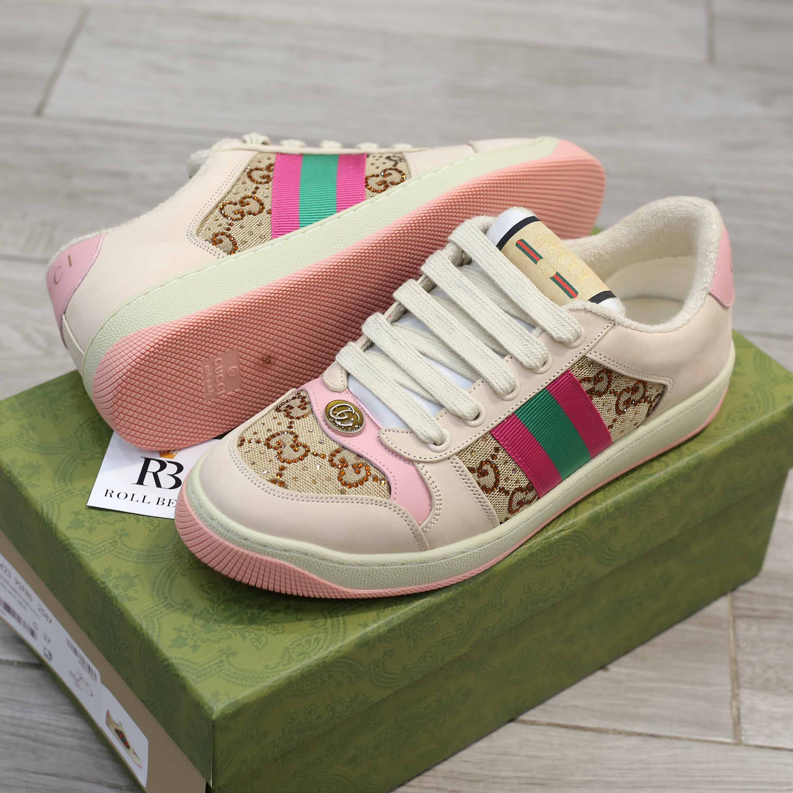 Giày Gucci Screener GG Beige And Ebony Canvas With Crystals Best Quality