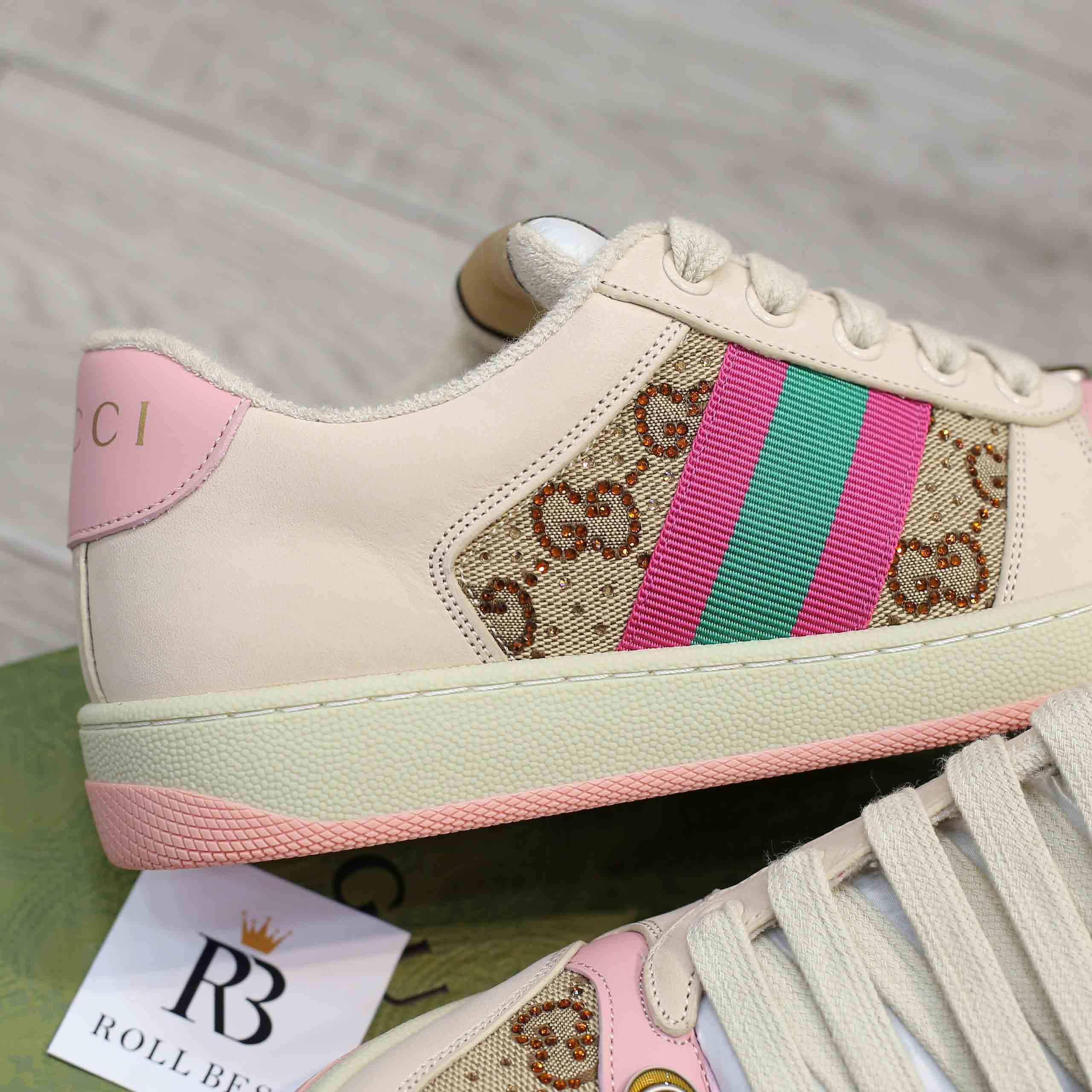 Giày Gucci Screener GG Beige And Ebony Canvas With Crystals Best Quality