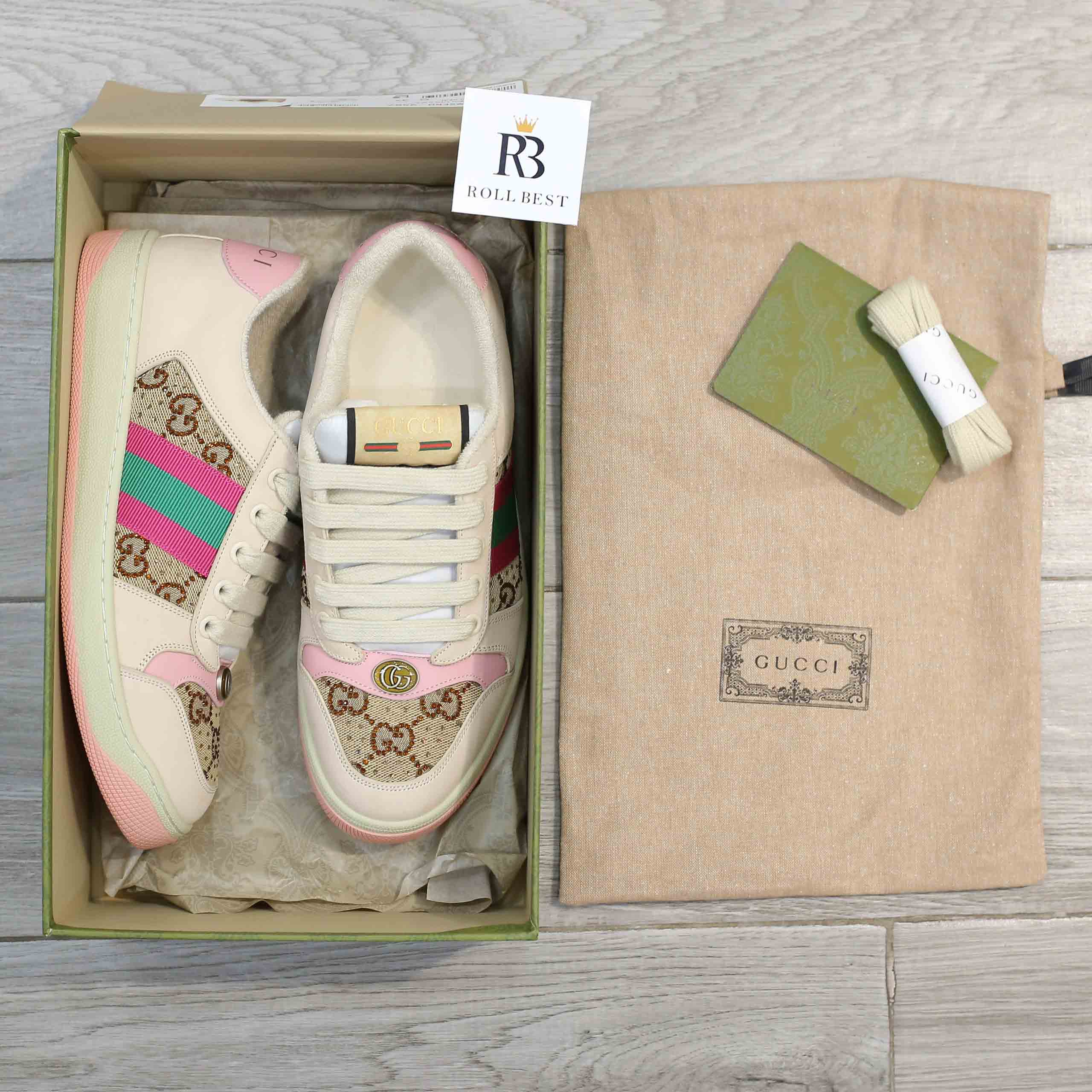 Giày Gucci Screener GG Beige And Ebony Canvas With Crystals Best Quality