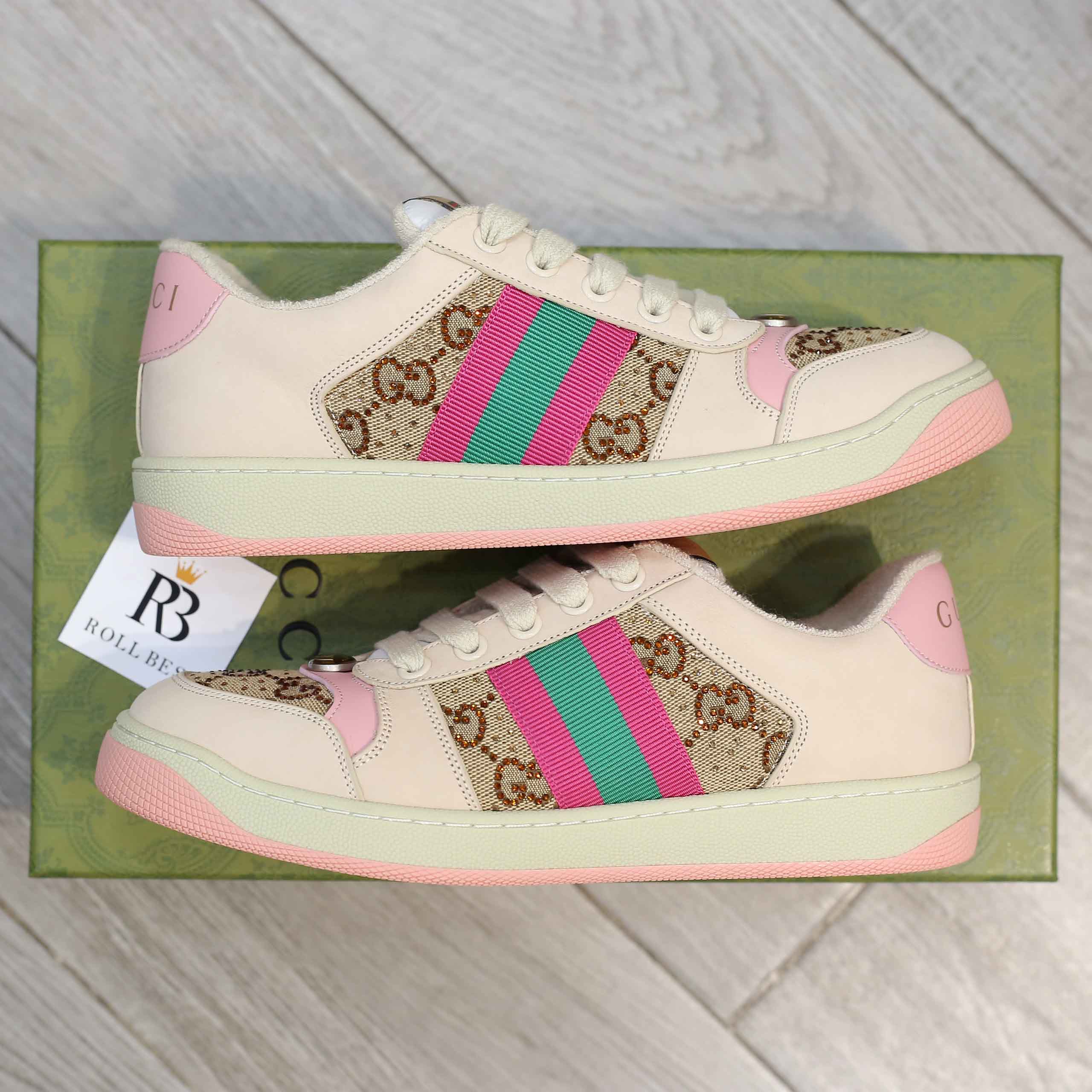 Giày Gucci Screener GG Beige And Ebony Canvas With Crystals Best Quality