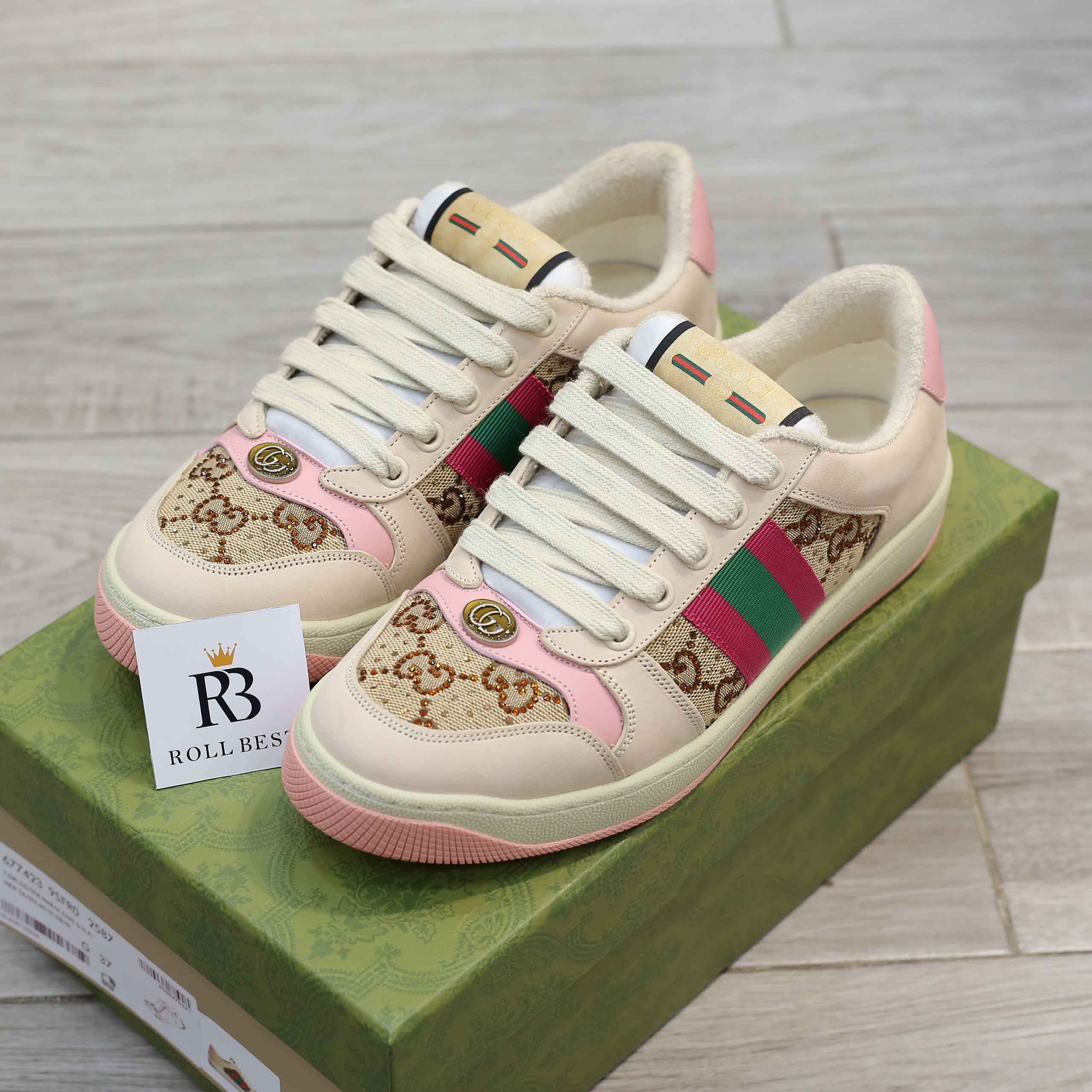 Giày Gucci Screener GG Beige And Ebony Canvas With Crystals Best Quality