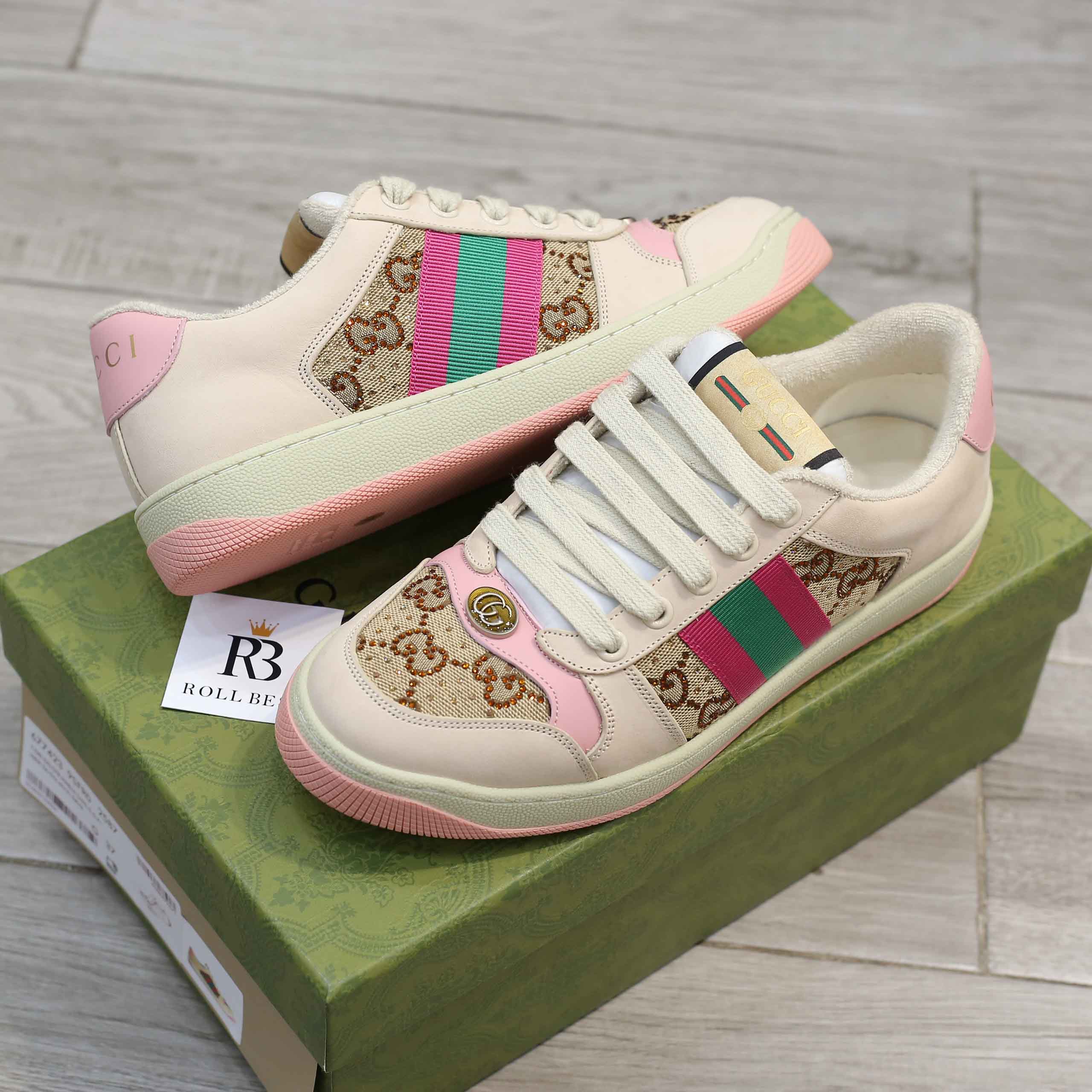 Giày Gucci Screener GG Beige And Ebony Canvas With Crystals Best Quality