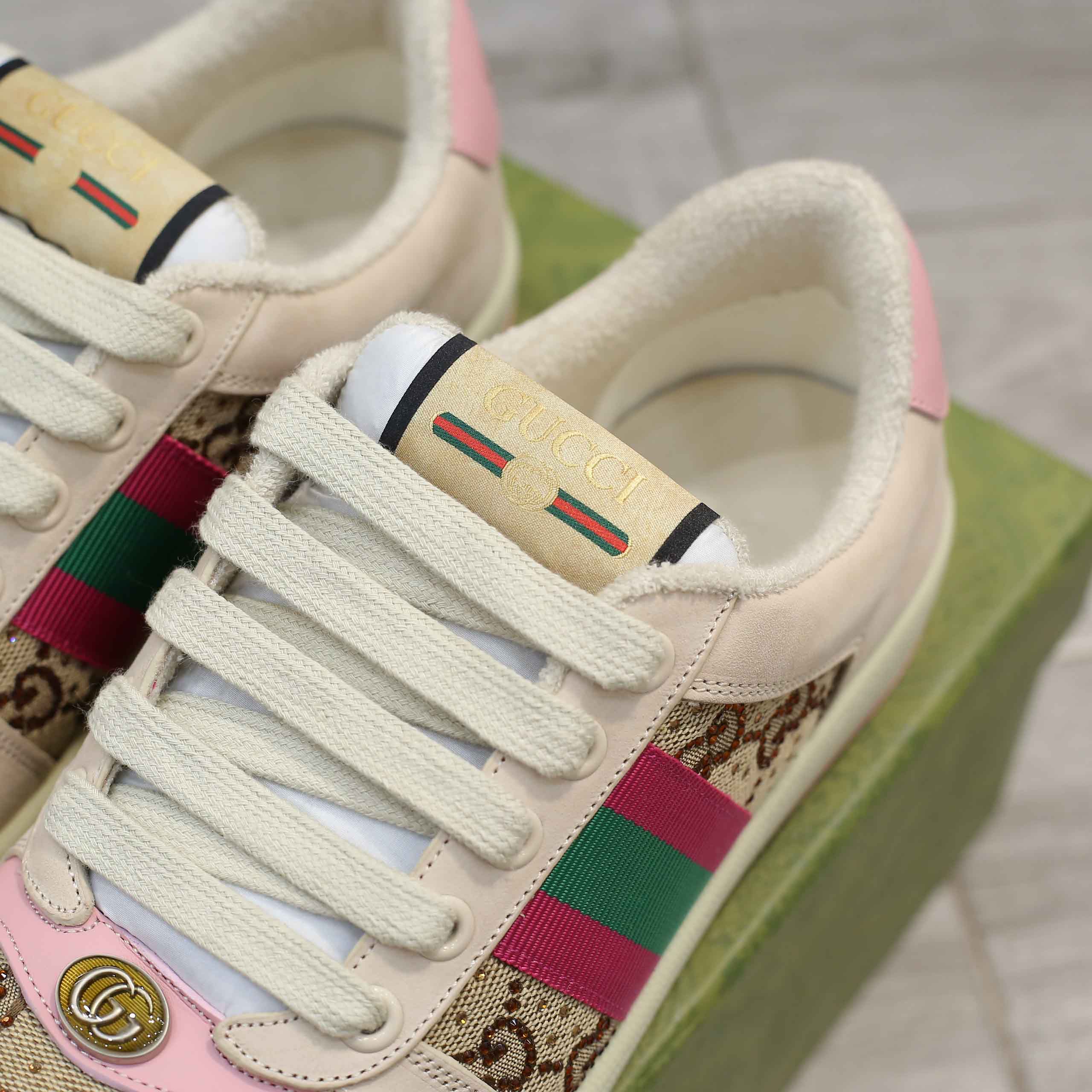 Giày Gucci Screener GG Beige And Ebony Canvas With Crystals Best Quality