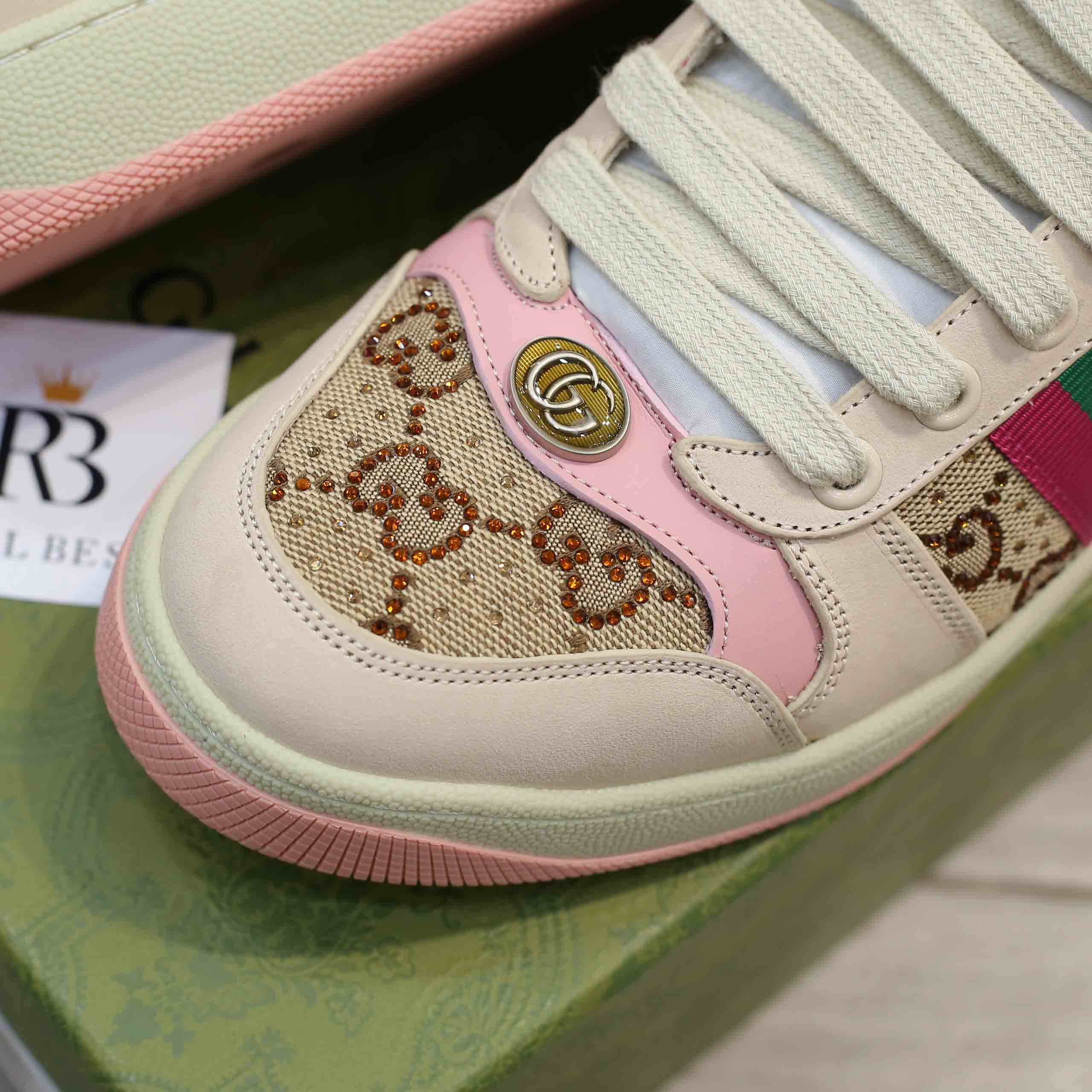 Giày Gucci Screener GG Beige And Ebony Canvas With Crystals Best Quality