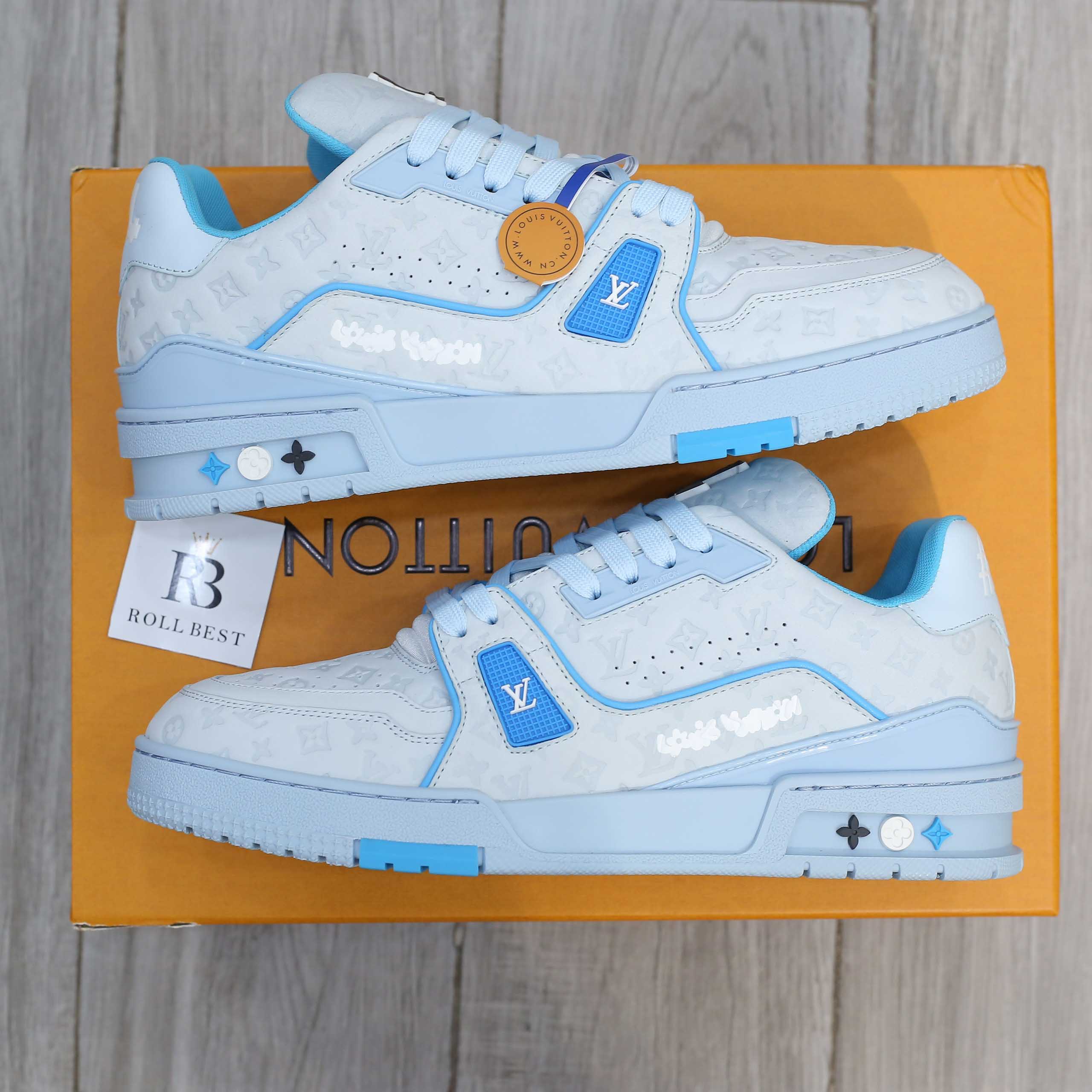 Giày Louis Vuitton LV Trainer #54 Nubuck Calf Leather Monogram Blue Best Quality