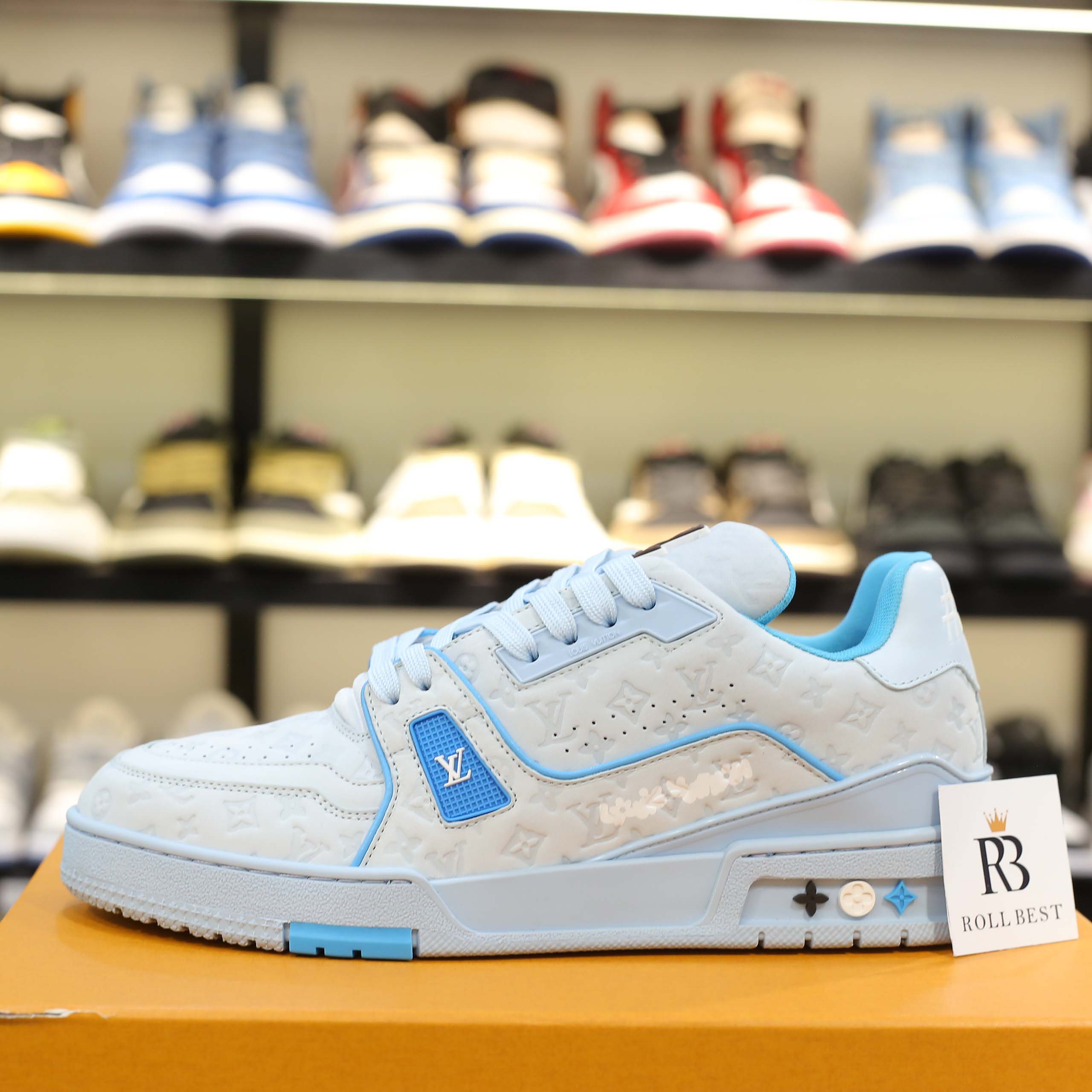 Giày Louis Vuitton LV Trainer #54 Nubuck Calf Leather Monogram Blue Best Quality