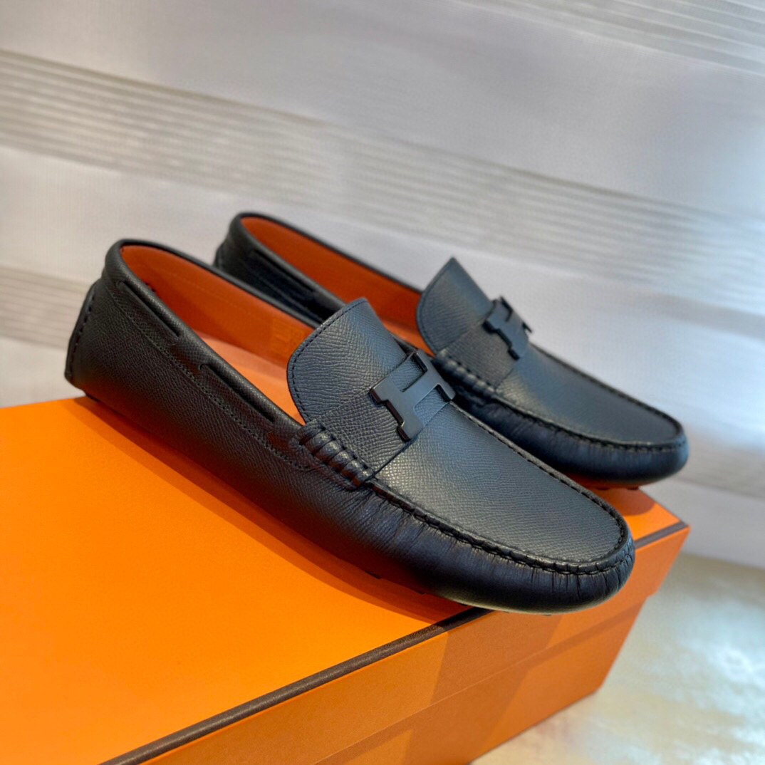 Giày Loafer Hermes Đen Da Taiga Khóa chữ H
