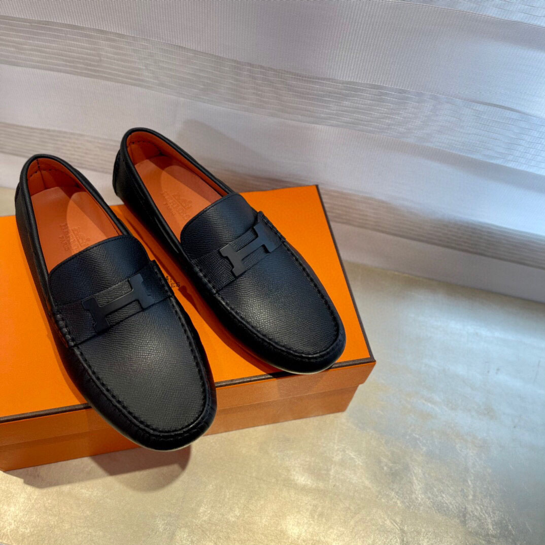 Giày Loafer Hermes Đen Da Taiga Khóa chữ H