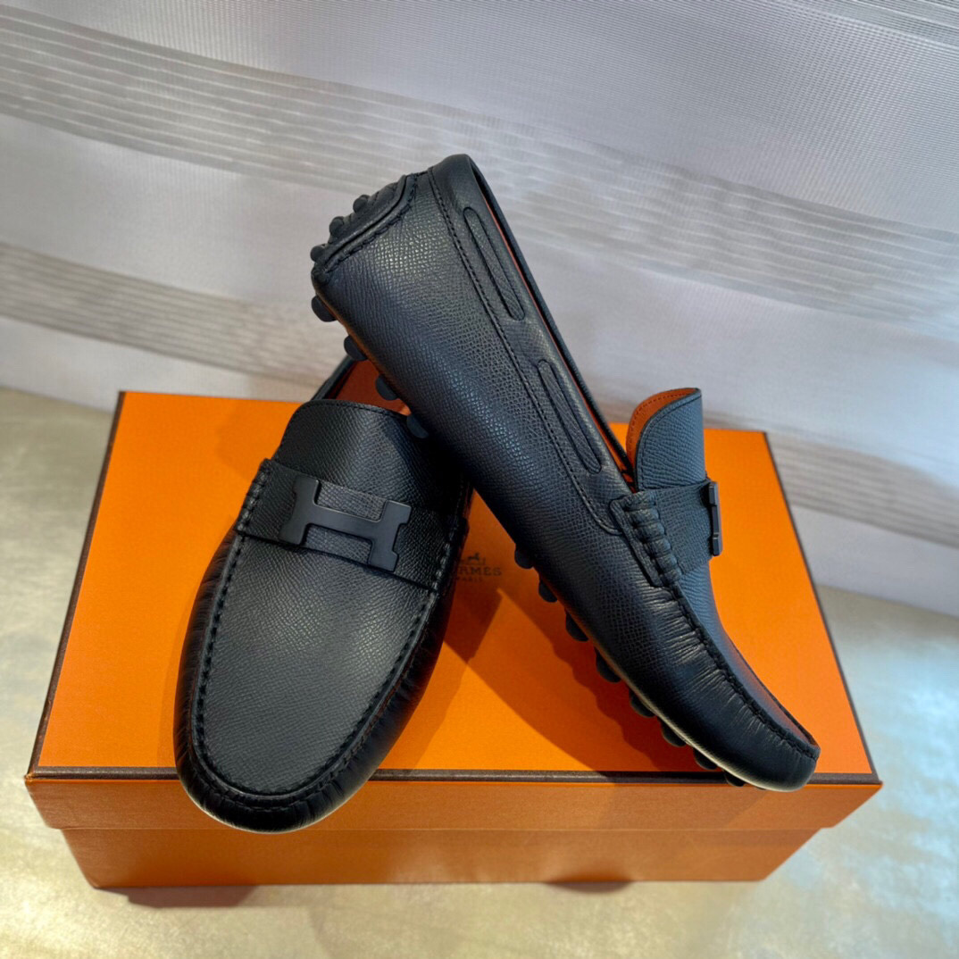 Giày Loafer Hermes Đen Da Taiga Khóa chữ H