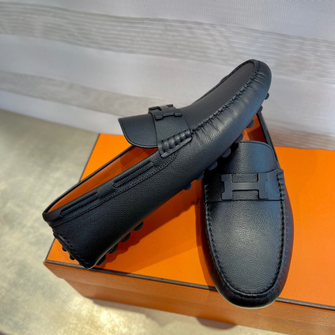 Giày Loafer Hermes Đen Da Taiga Khóa chữ H