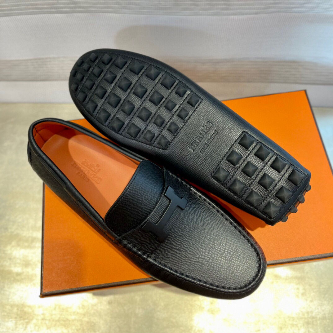 Giày Loafer Hermes Đen Da Taiga Khóa chữ H