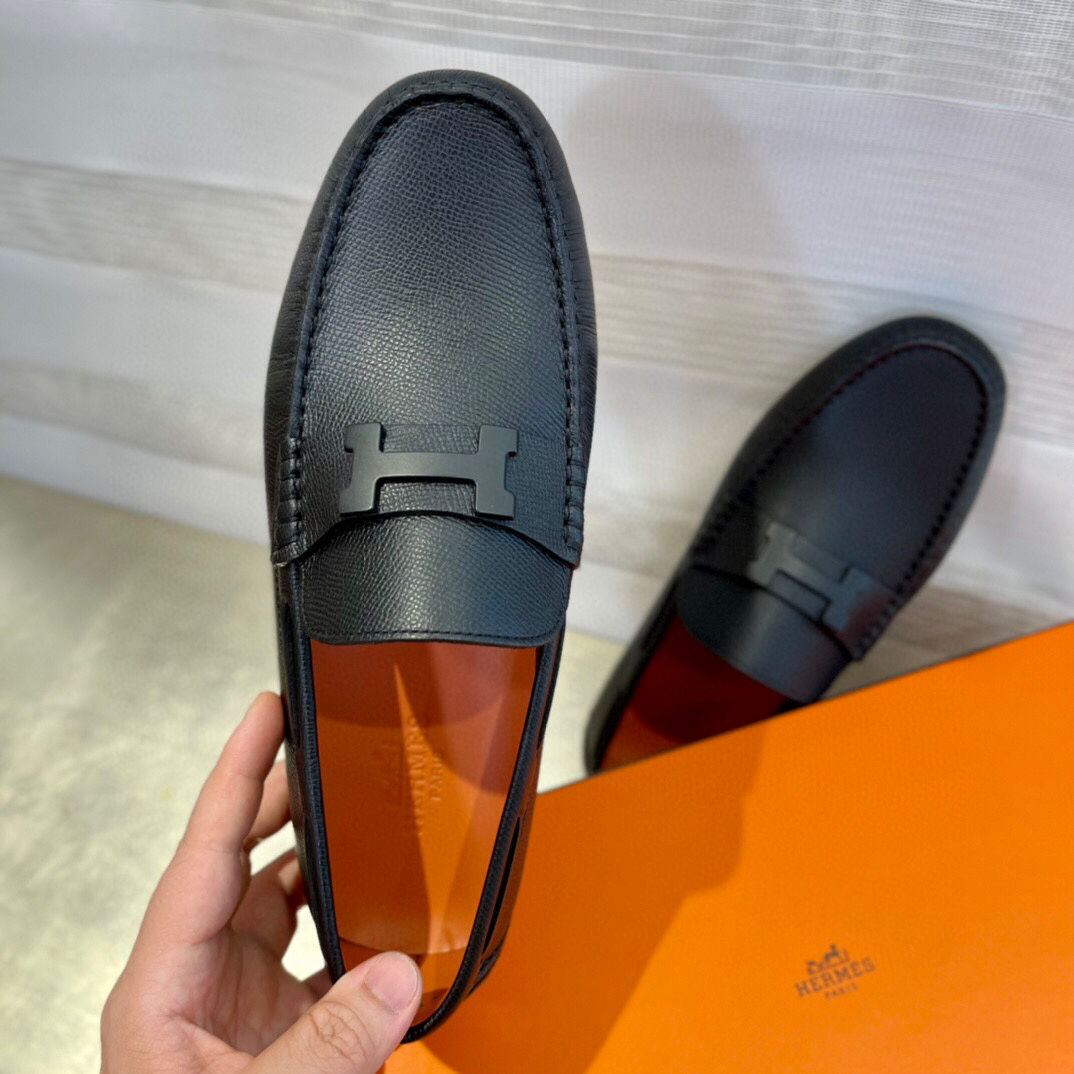 Giày Loafer Hermes Đen Da Taiga Khóa chữ H