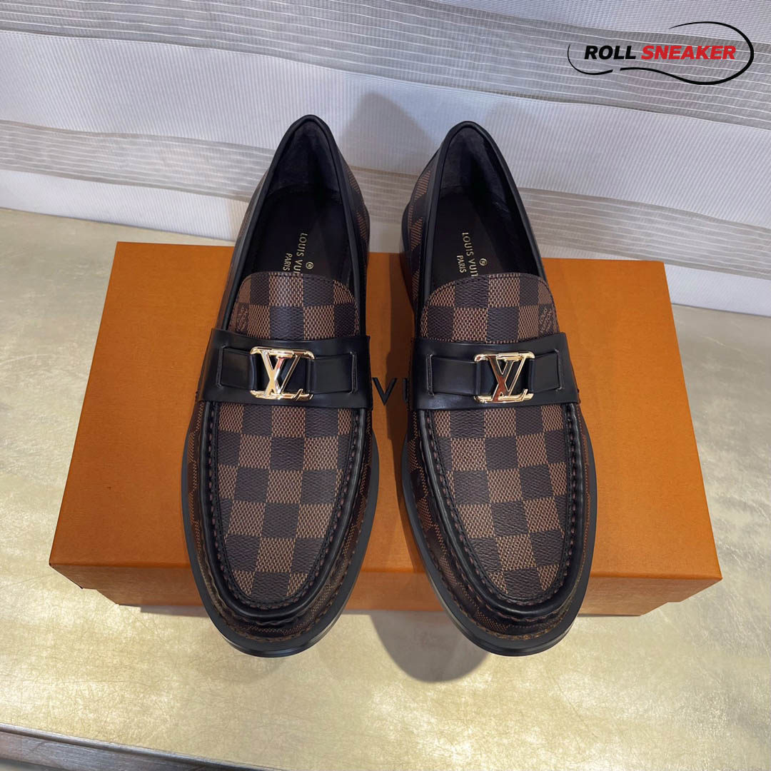Giày Loafer Louis Vuitton Brown Họa Tiết Damier Ebene Logo LV Vàng