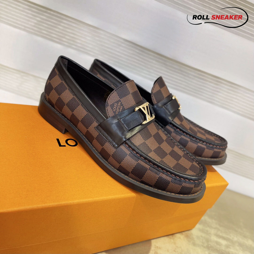 Giày Loafer Louis Vuitton Brown Họa Tiết Damier Ebene Logo LV Vàng