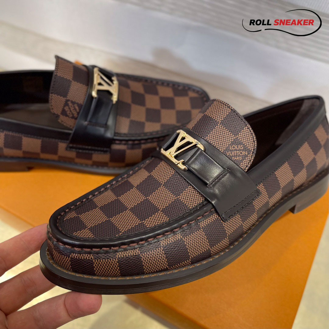 Giày Loafer Louis Vuitton Brown Họa Tiết Damier Ebene Logo LV Vàng