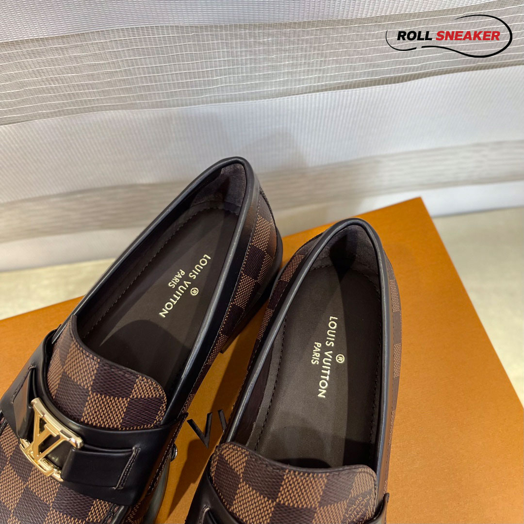 Giày Loafer Louis Vuitton Brown Họa Tiết Damier Ebene Logo LV Vàng