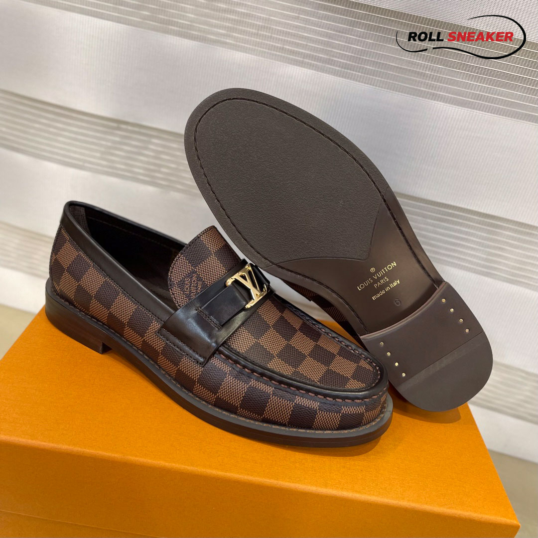 Giày Loafer Louis Vuitton Brown Họa Tiết Damier Ebene Logo LV Vàng