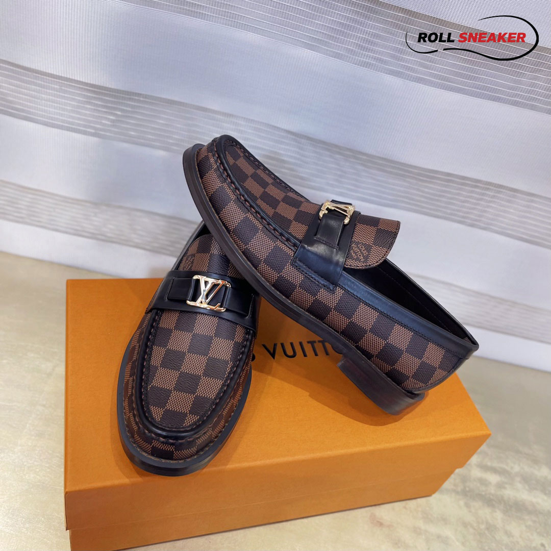 Giày Loafer Louis Vuitton Brown Họa Tiết Damier Ebene Logo LV Vàng
