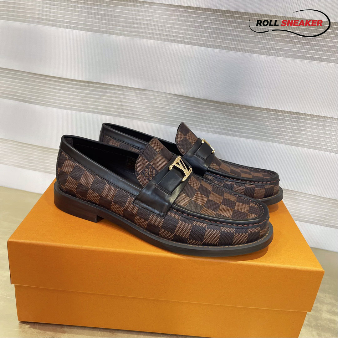 Giày Loafer Louis Vuitton Brown Họa Tiết Damier Ebene Logo LV Vàng