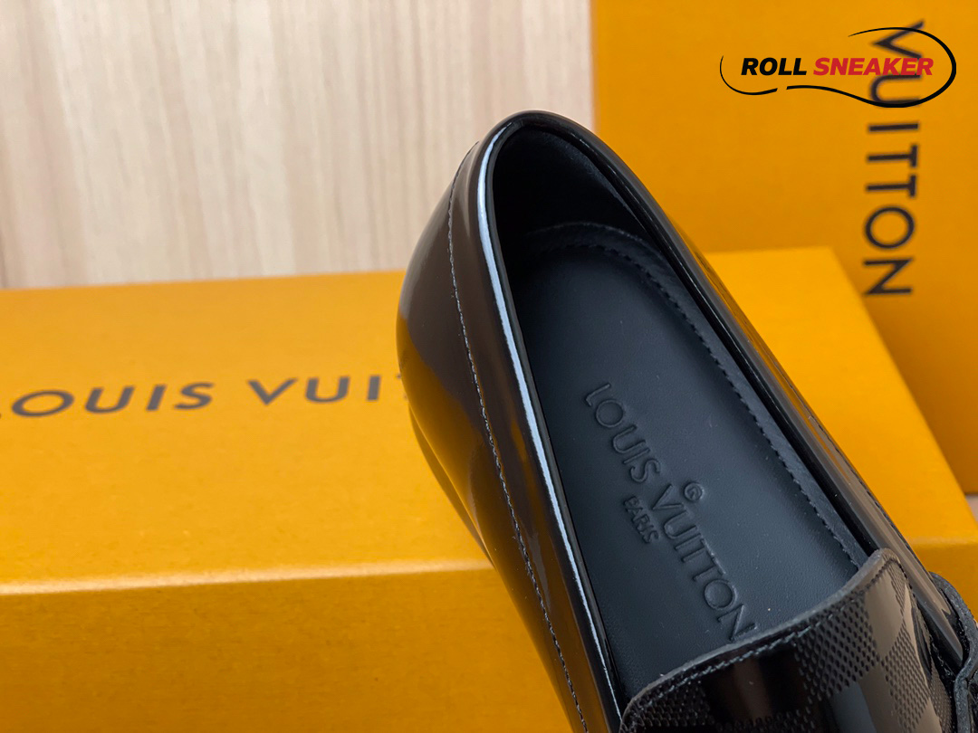 Giày Loafer LV Black Da Bóng Họa Tiết Damier Embossed Santiago