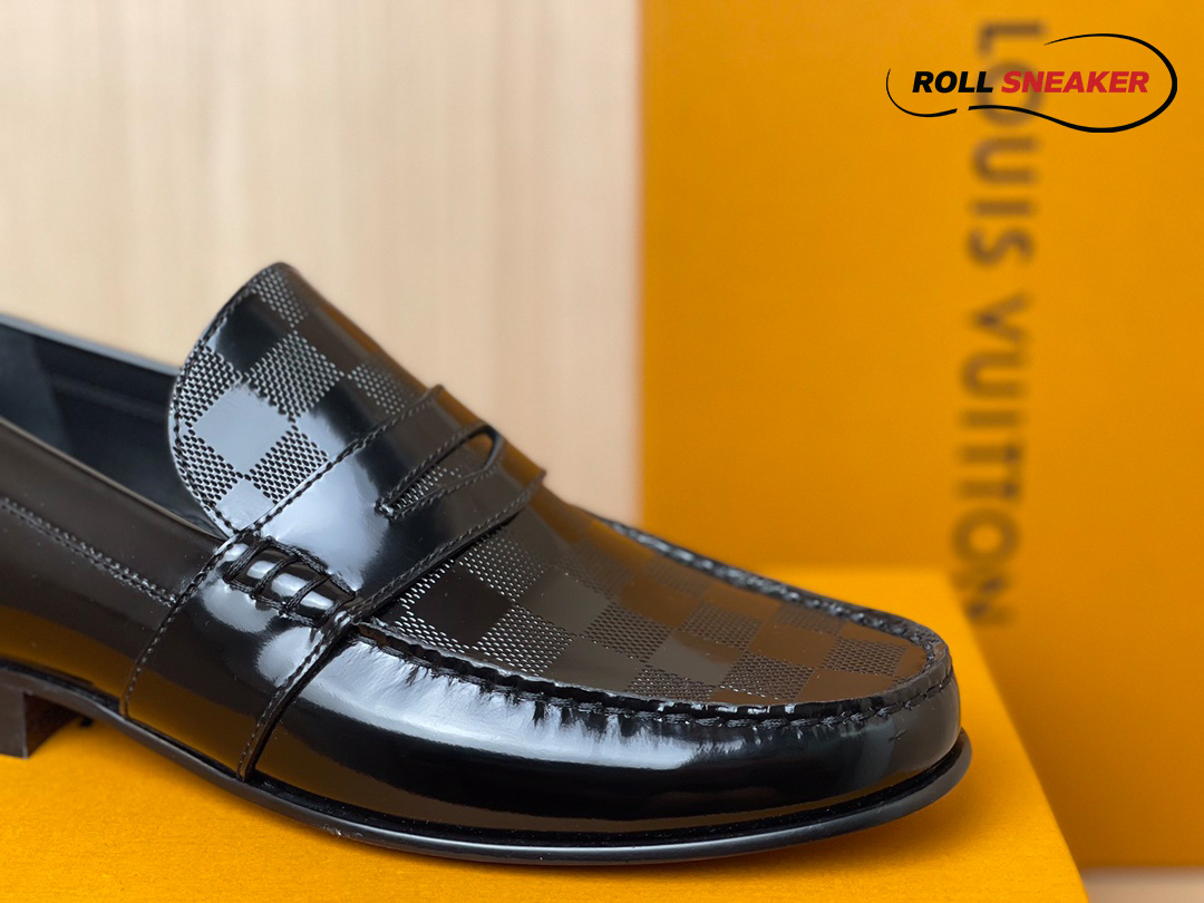 Giày Loafer LV Black Da Bóng Họa Tiết Damier Embossed Santiago