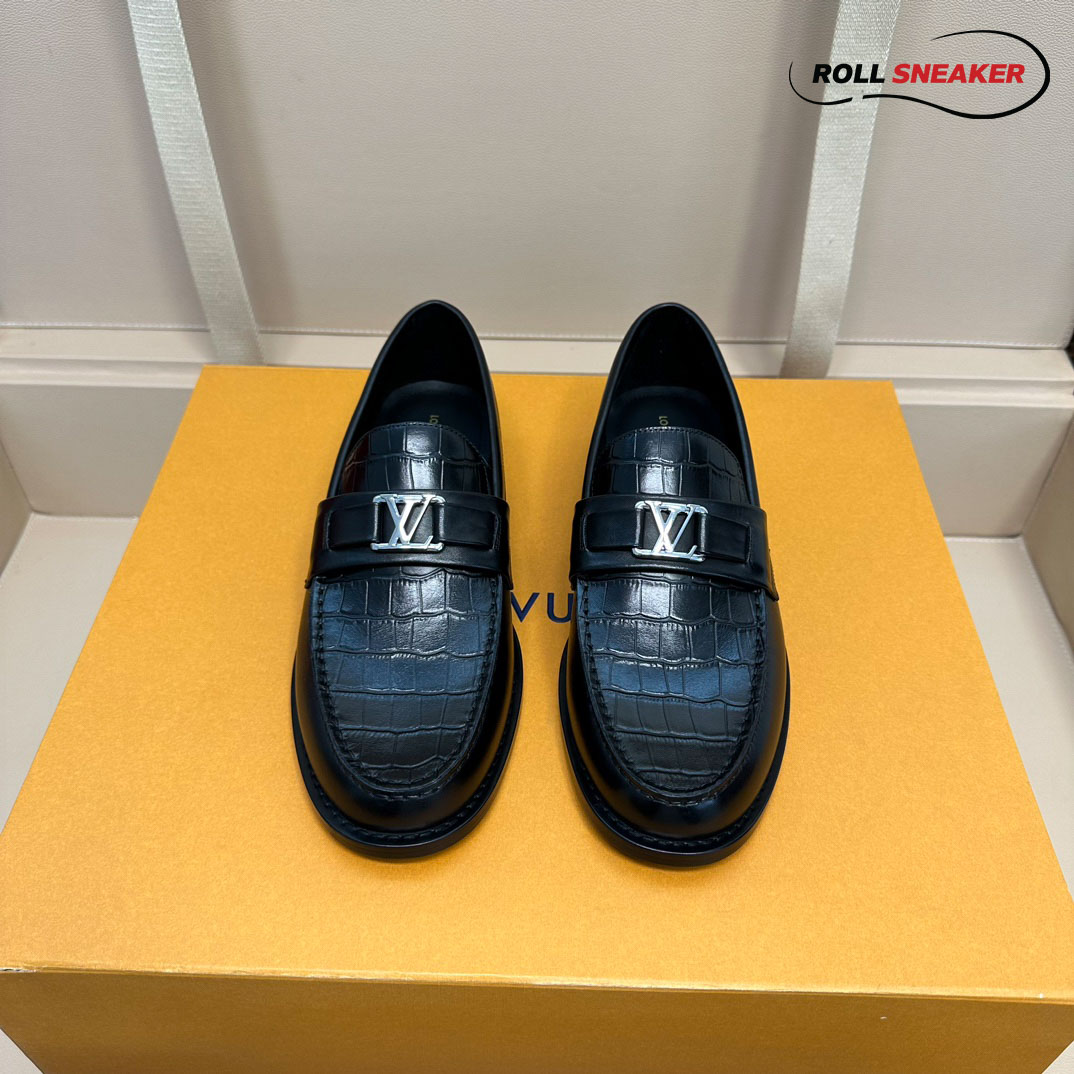 Giày Loafer LV Major Black Da Cá Sấu Logo LV Bạc
