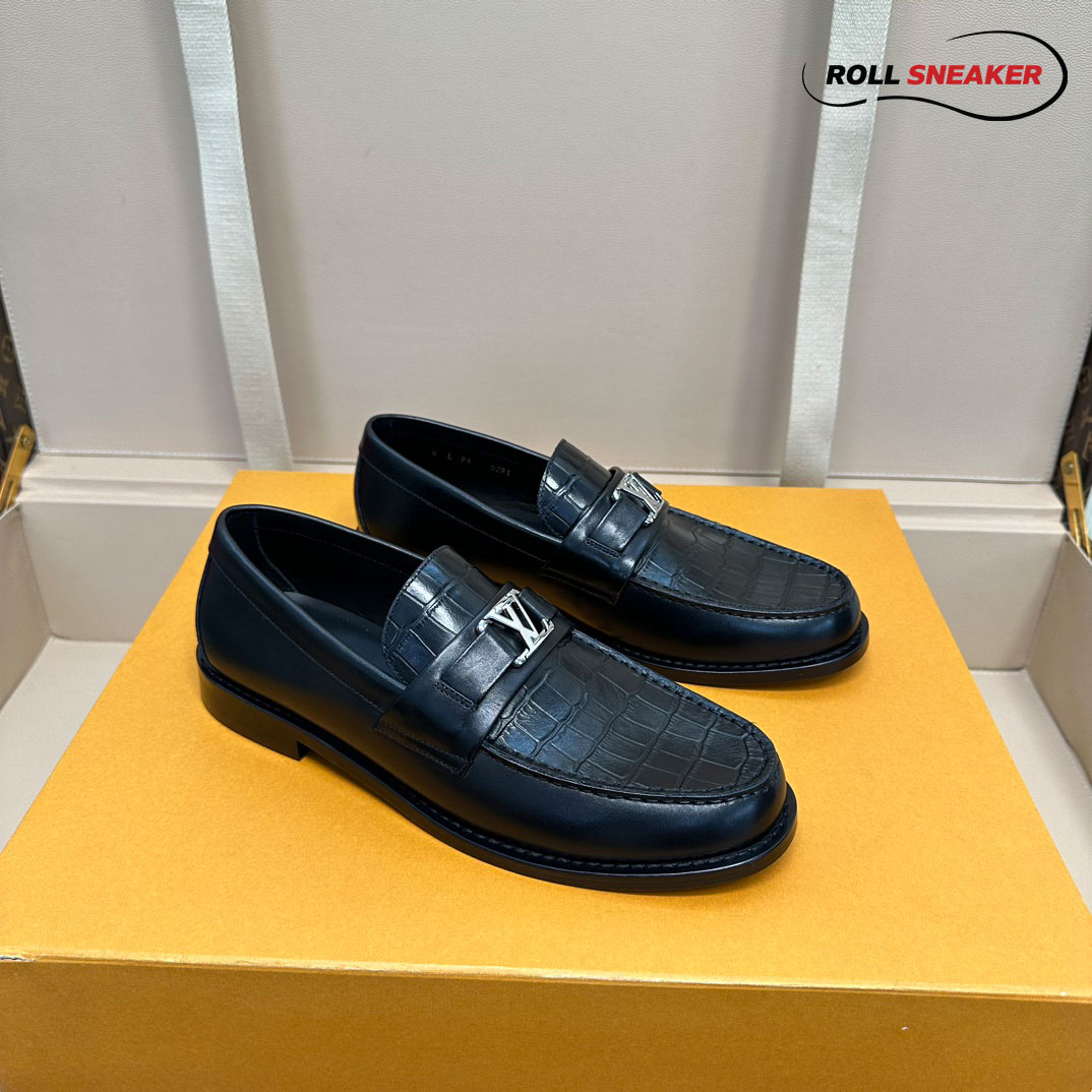 Giày Loafer LV Major Black Da Cá Sấu Logo LV Bạc