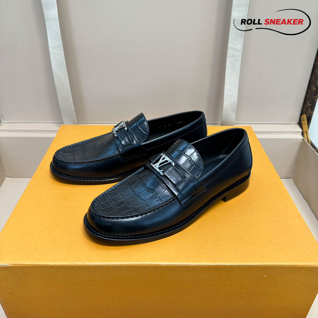 Giày Loafer LV Major Black Da Cá Sấu Logo LV Bạc