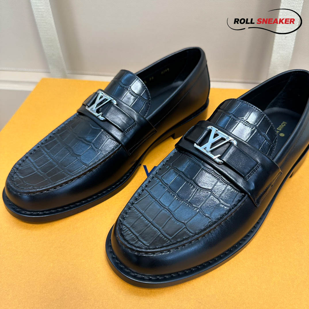 Giày Loafer LV Major Black Da Cá Sấu Logo LV Bạc