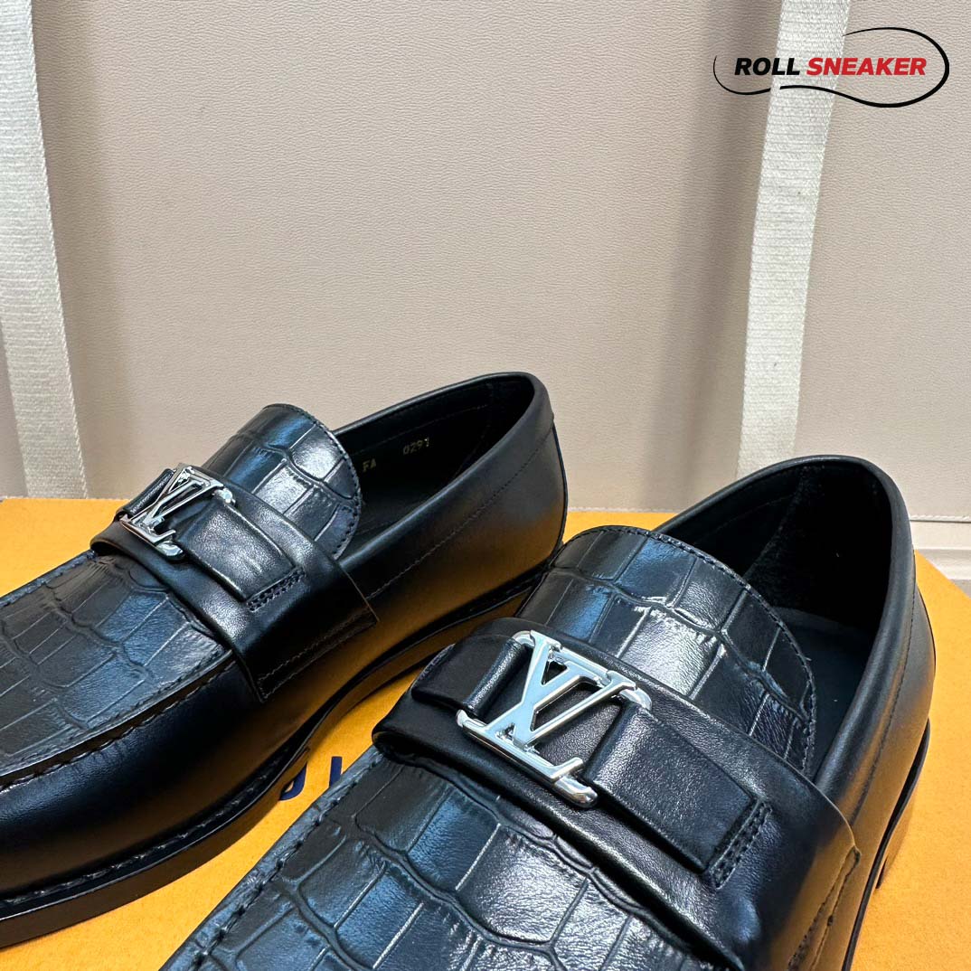 Giày Loafer LV Major Black Da Cá Sấu Logo LV Bạc
