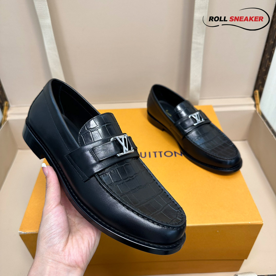 Giày Loafer LV Major Black Da Cá Sấu Logo LV Bạc