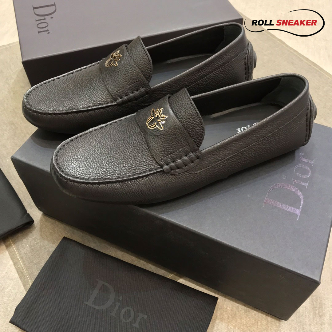Giày Lười Dior Mocassin Black Calfskin Logo Bee