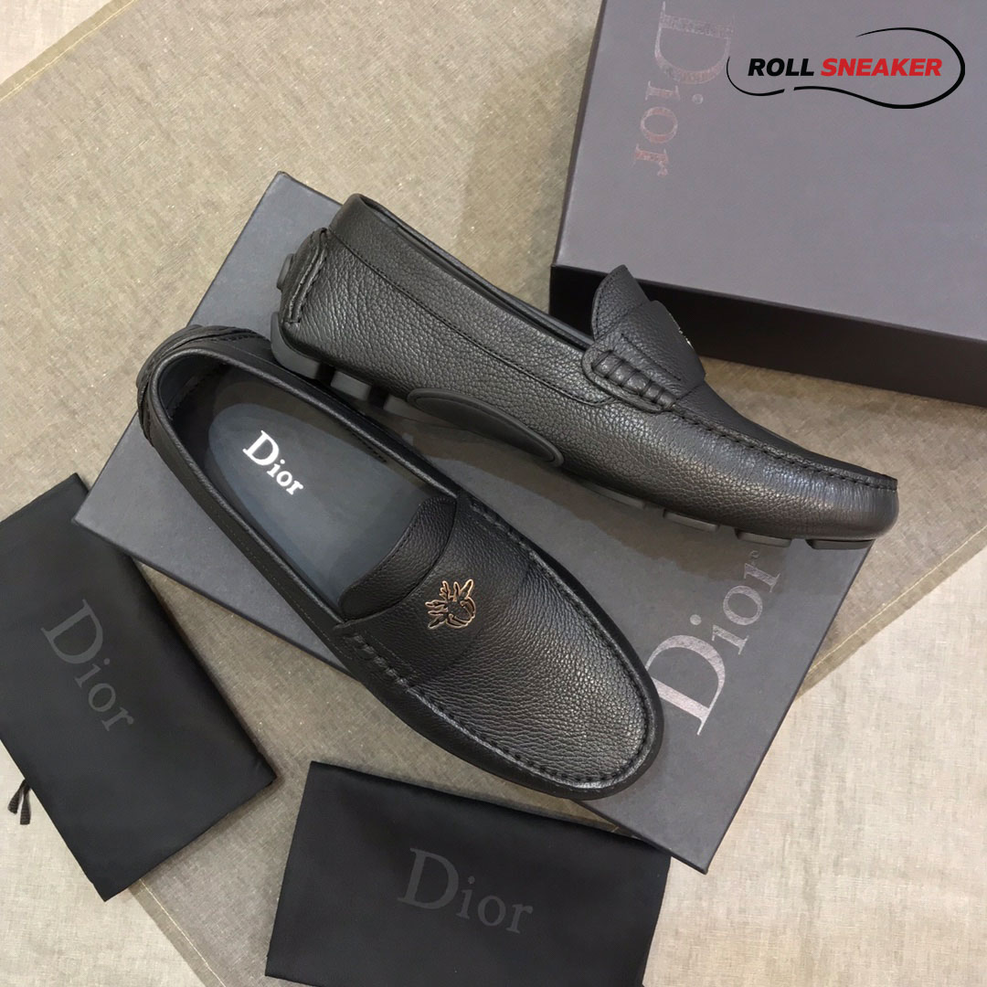 Giày Lười Dior Mocassin Black Calfskin Logo Bee