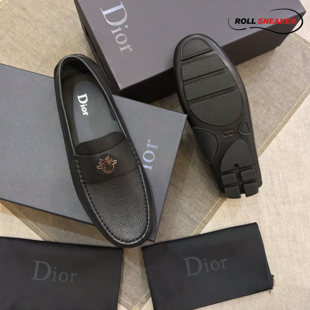 Giày Lười Dior Mocassin Black Calfskin Logo Bee