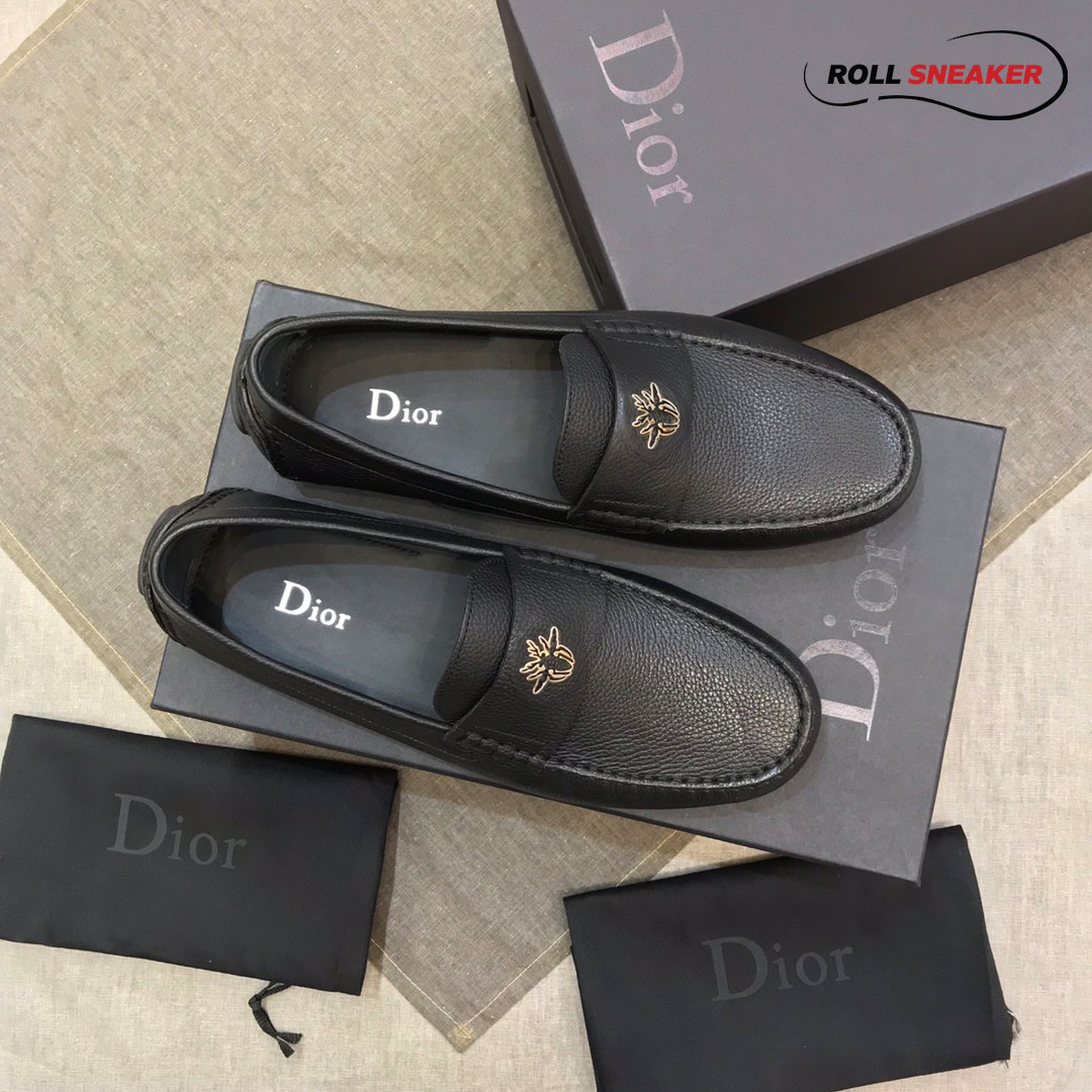 Giày Lười Dior Mocassin Black Calfskin Logo Bee