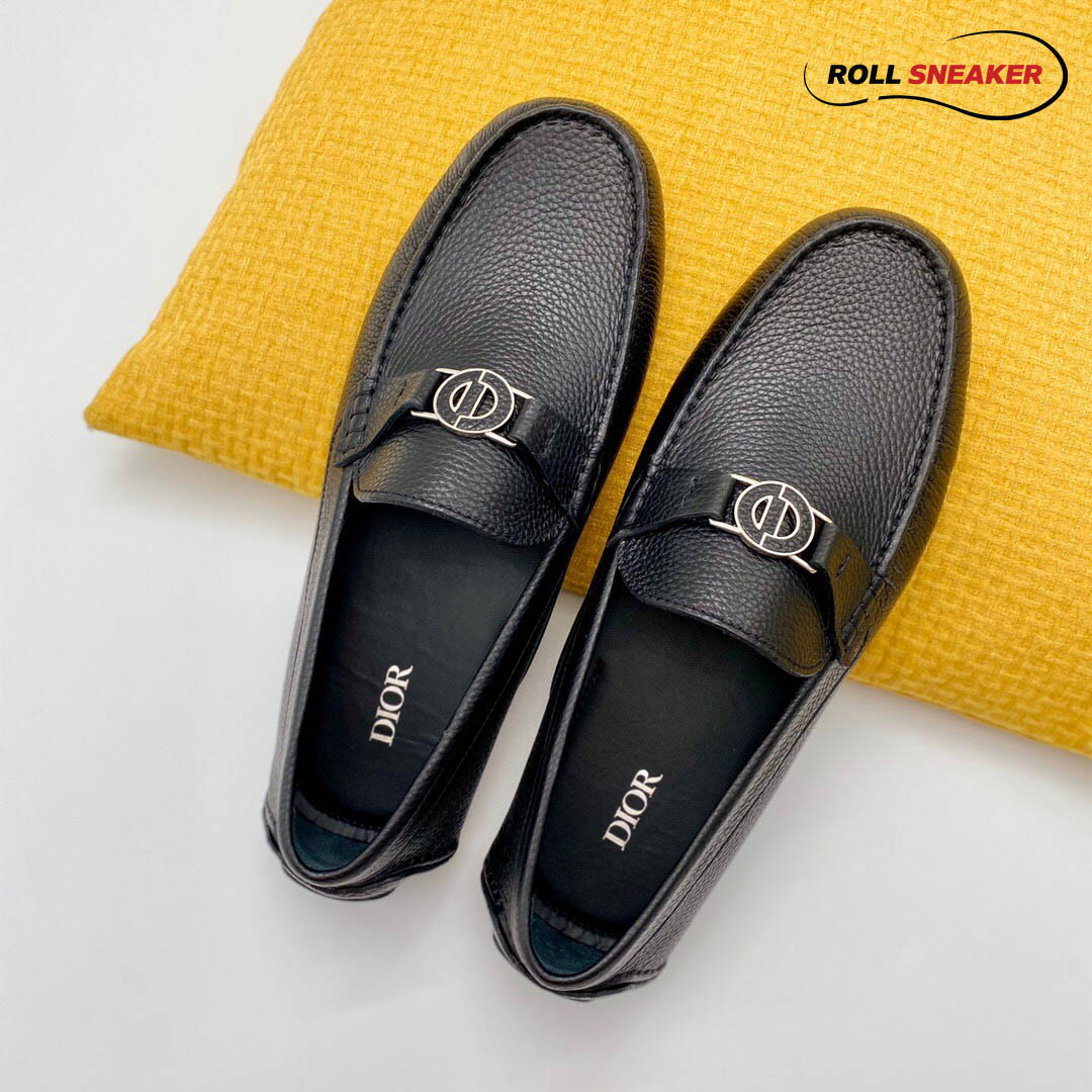 Giày Lười Dior Mocassin Black Calfskin Logo CD Da Viền Vàng