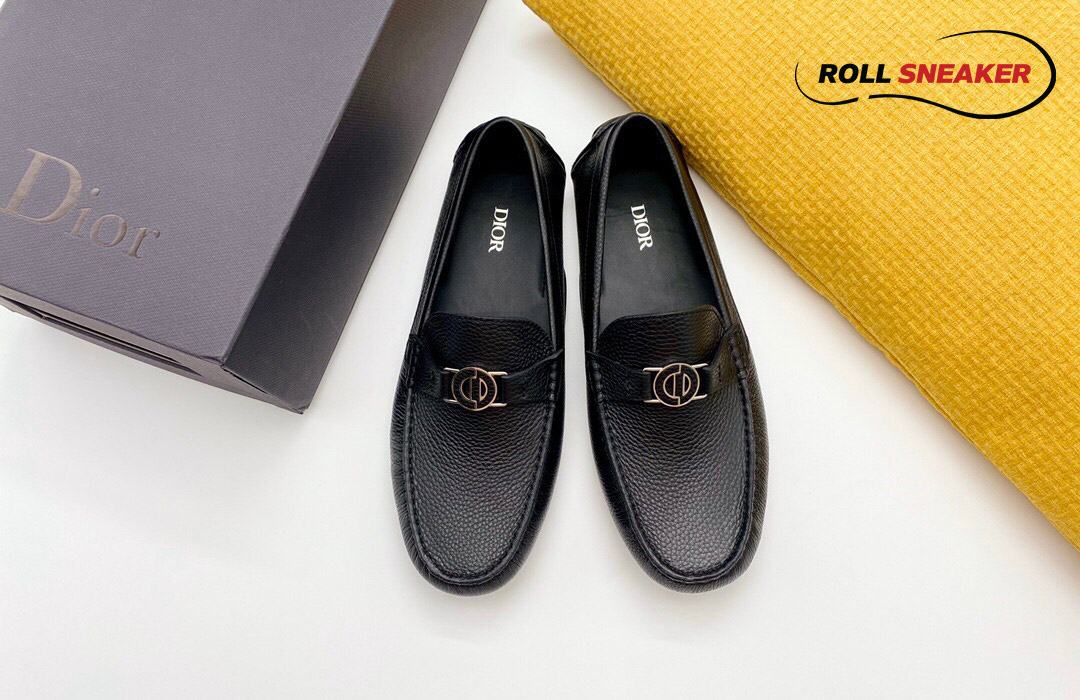 Giày Lười Dior Mocassin Black Calfskin Logo CD Da Viền Vàng