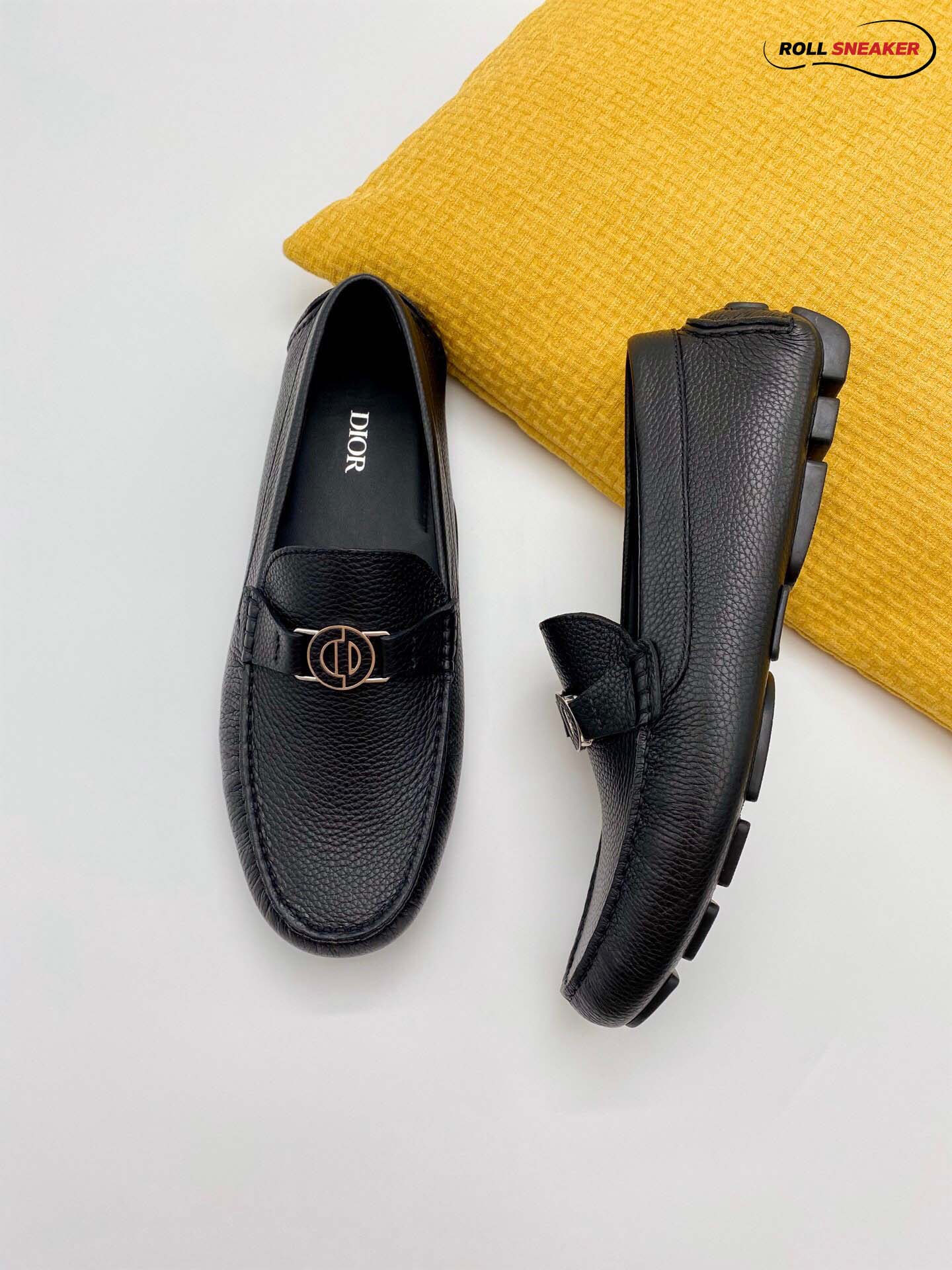 Giày Lười Dior Mocassin Black Calfskin Logo CD Da Viền Vàng