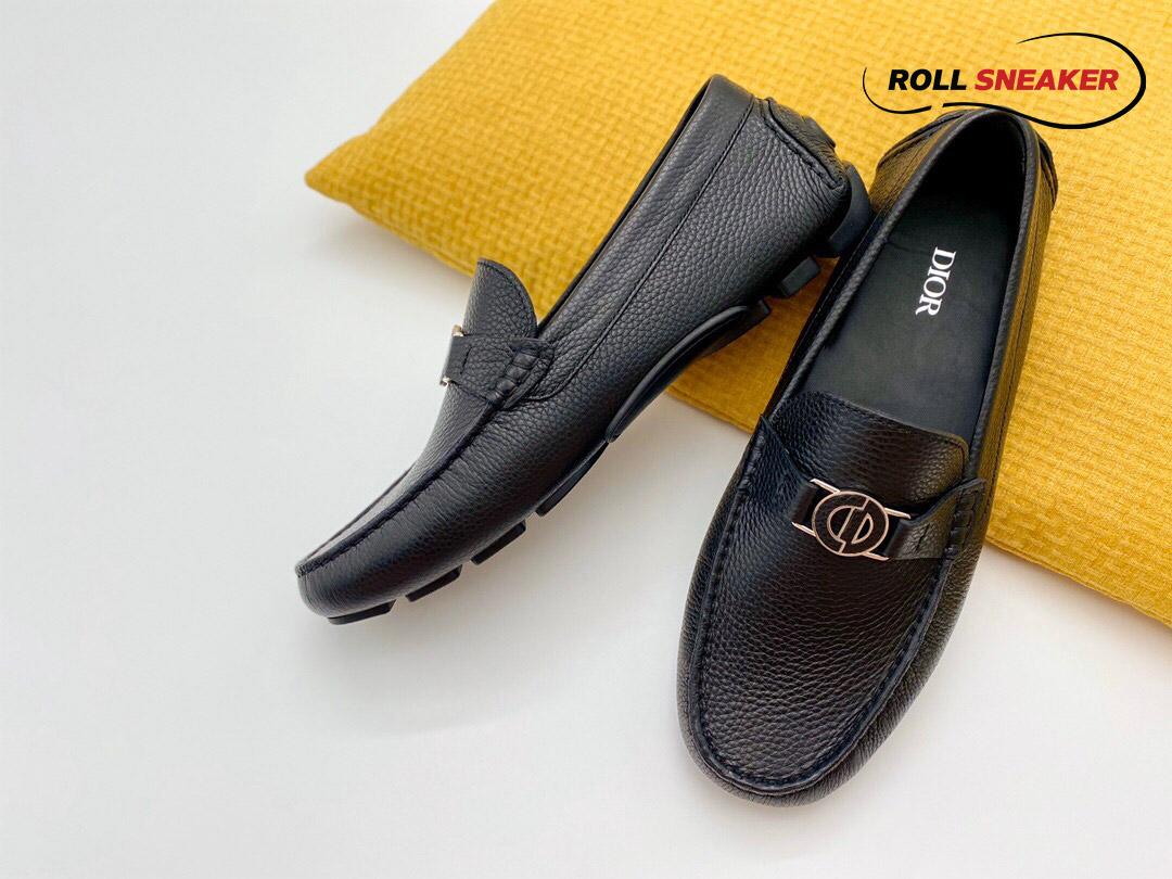 Giày Lười Dior Mocassin Black Calfskin Logo CD Da Viền Vàng
