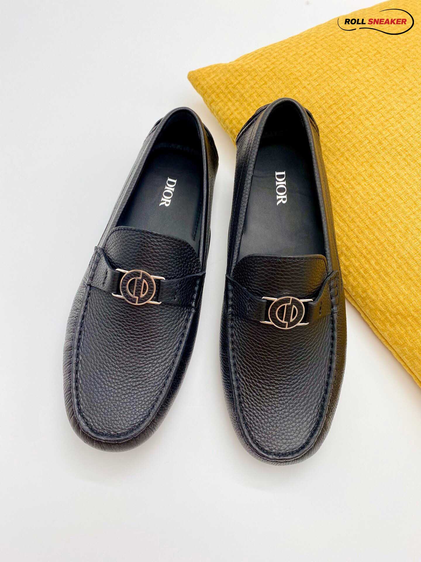Giày Lười Dior Mocassin Black Calfskin Logo CD Da Viền Vàng