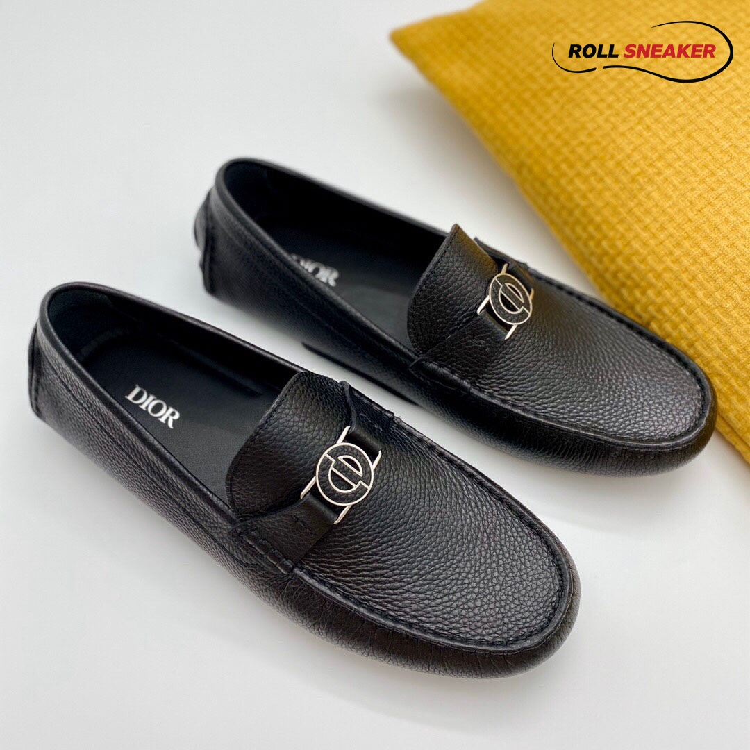 Giày Lười Dior Mocassin Black Calfskin Logo CD Da Viền Vàng