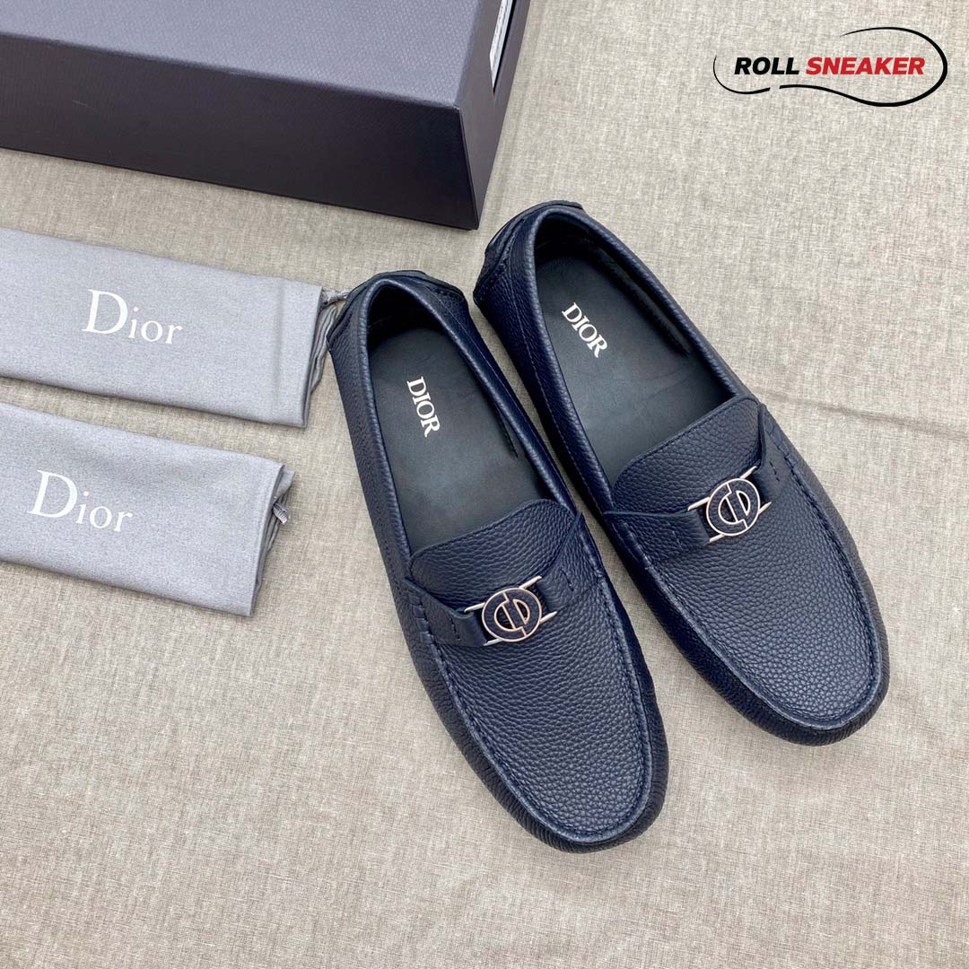 Giày Lười Dior Mocassin Blue Calfskin Logo CD Da Viền Vàng