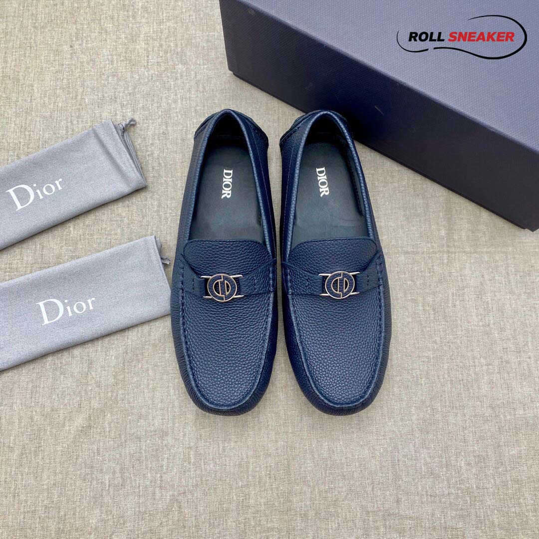 Giày Lười Dior Mocassin Blue Calfskin Logo CD Da Viền Vàng
