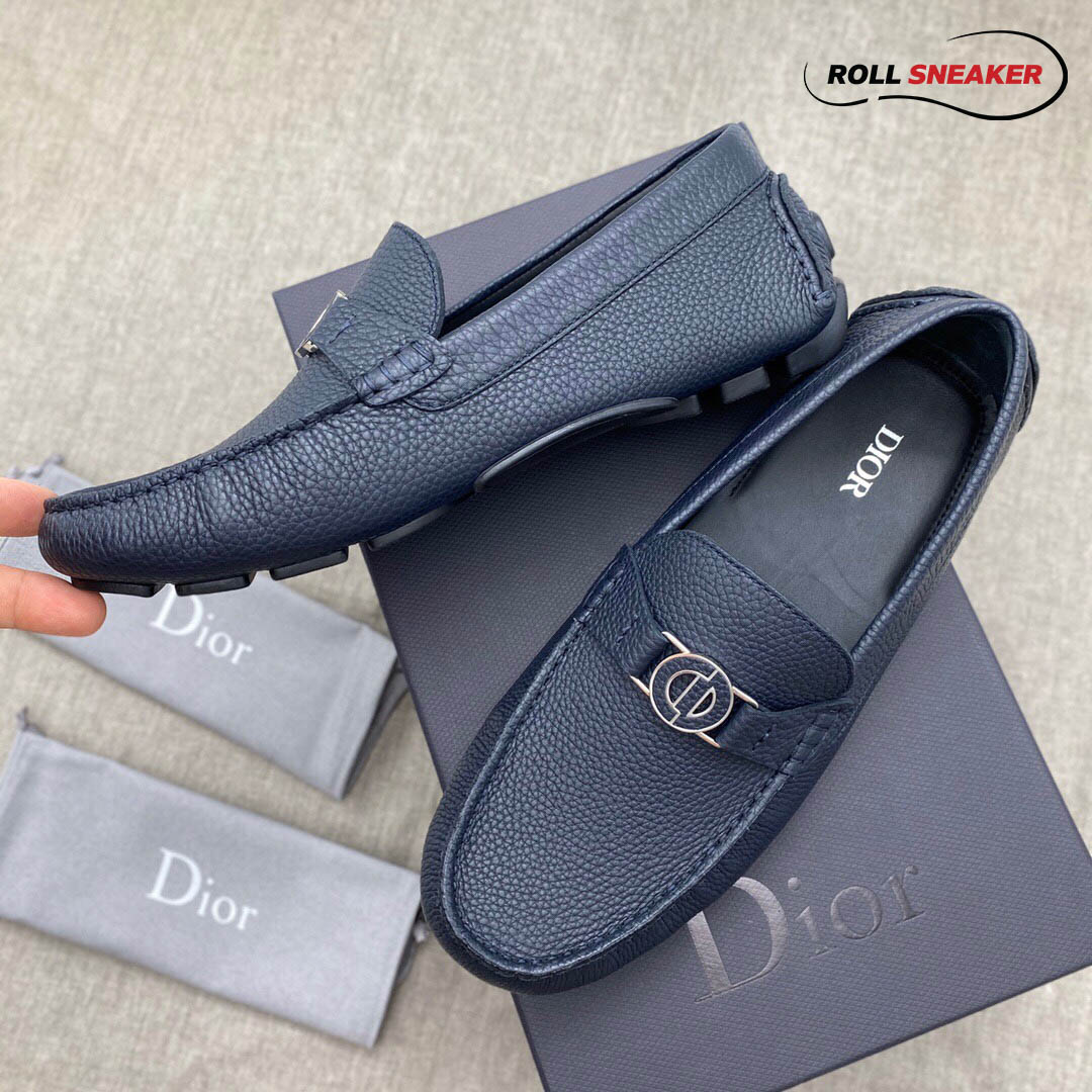 Giày Lười Dior Mocassin Blue Calfskin Logo CD Da Viền Vàng