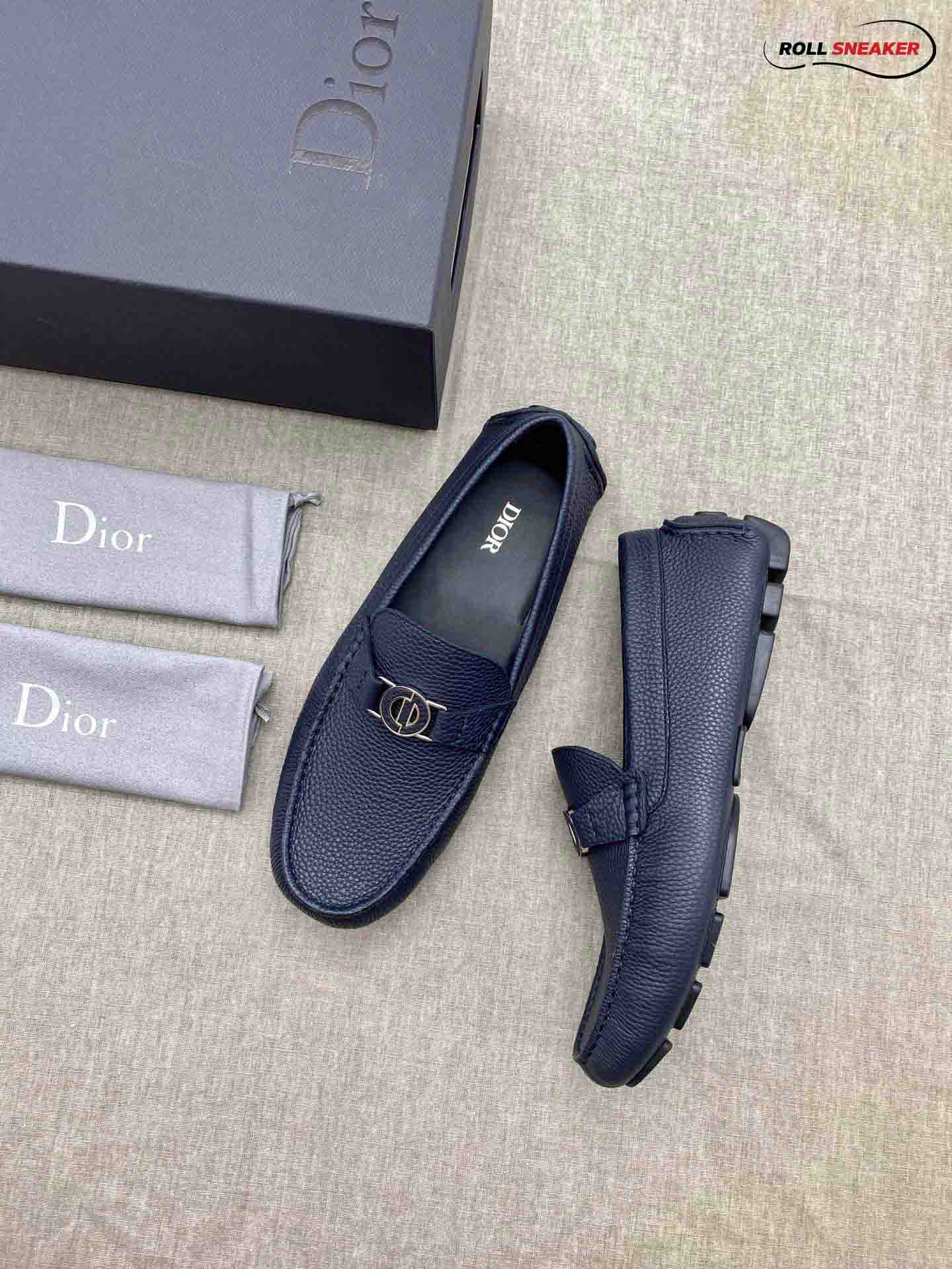 Giày Lười Dior Mocassin Blue Calfskin Logo CD Da Viền Vàng