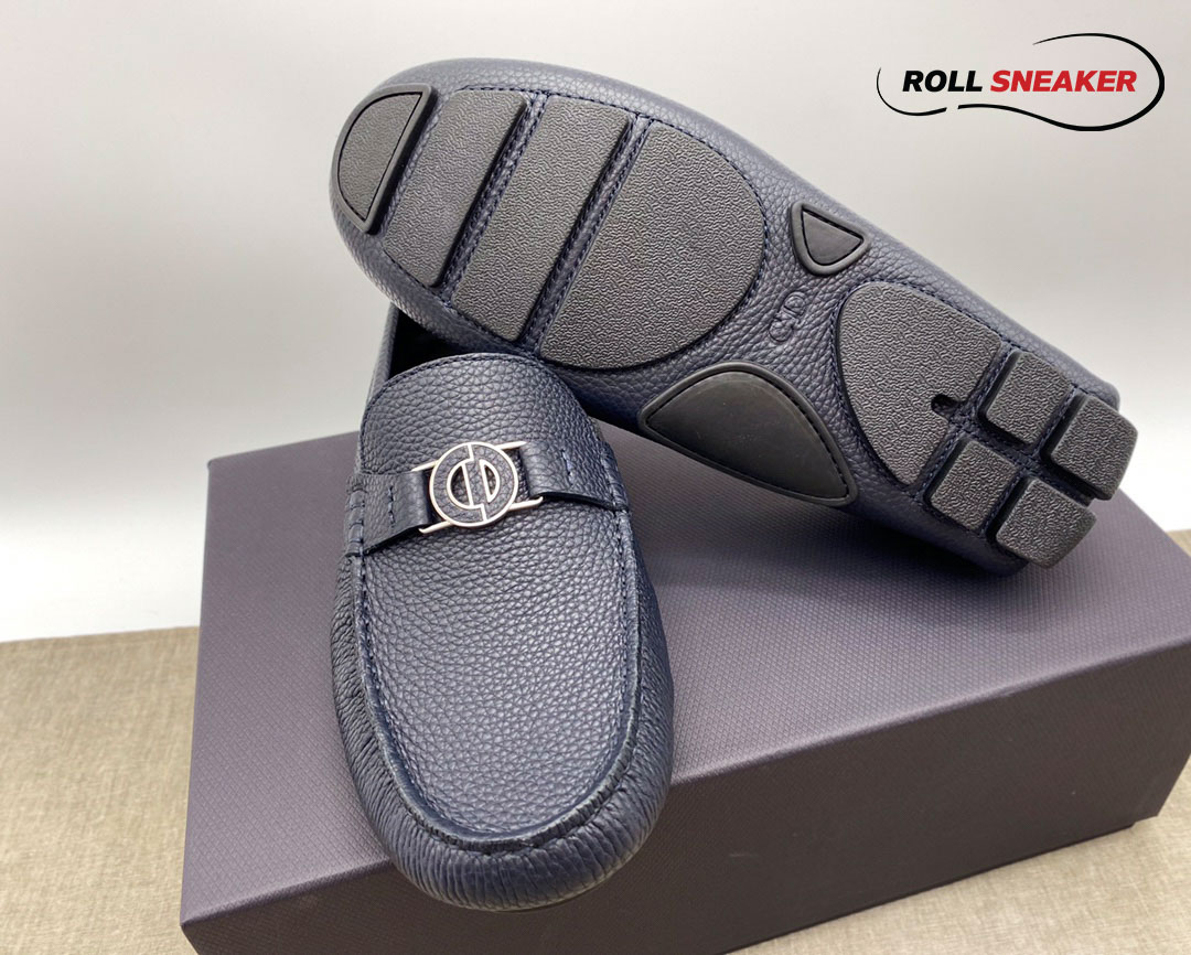Giày Lười Dior Mocassin Blue Calfskin Logo CD Da Viền Vàng