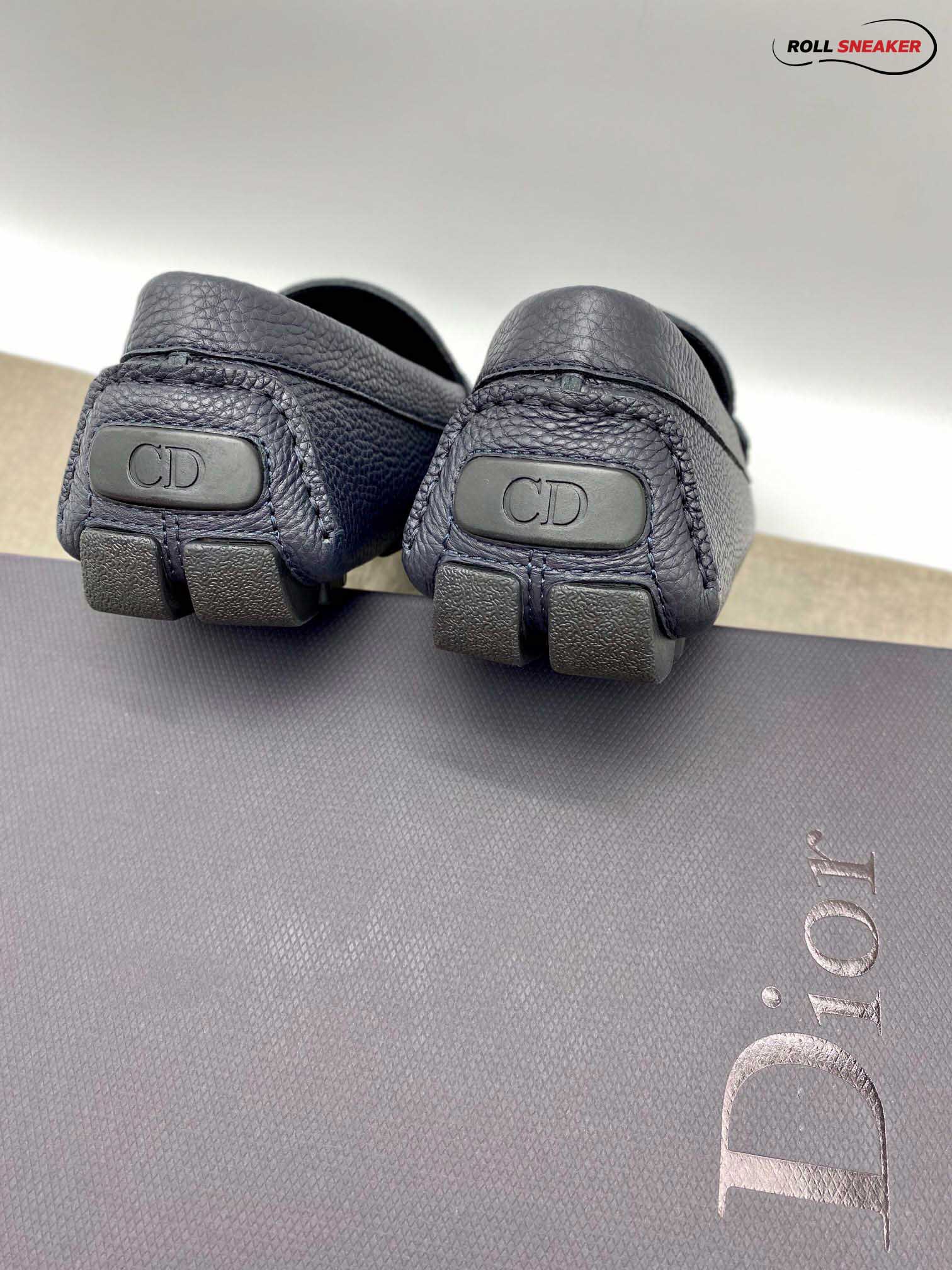 Giày Lười Dior Mocassin Blue Calfskin Logo CD Da Viền Vàng