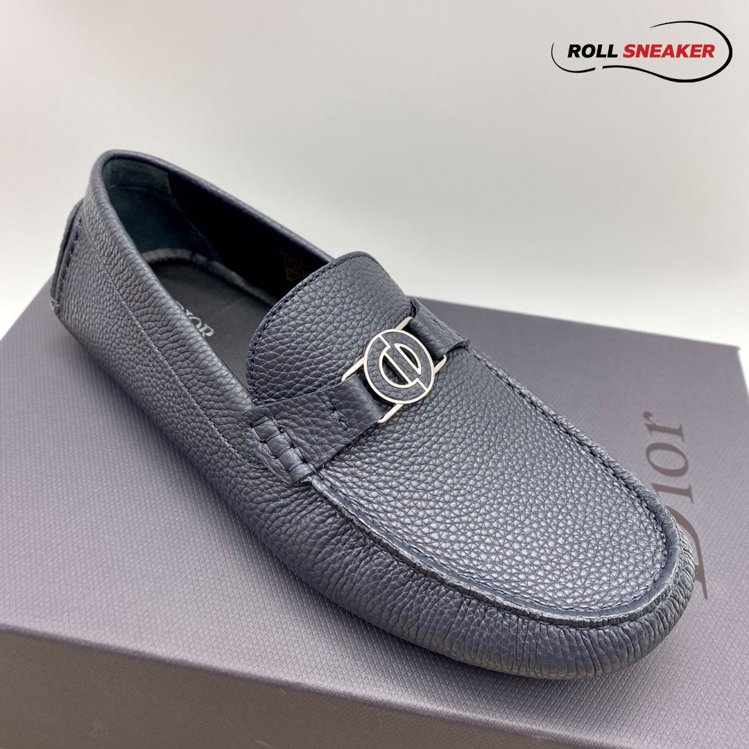 Giày Lười Dior Mocassin Blue Calfskin Logo CD Da Viền Vàng