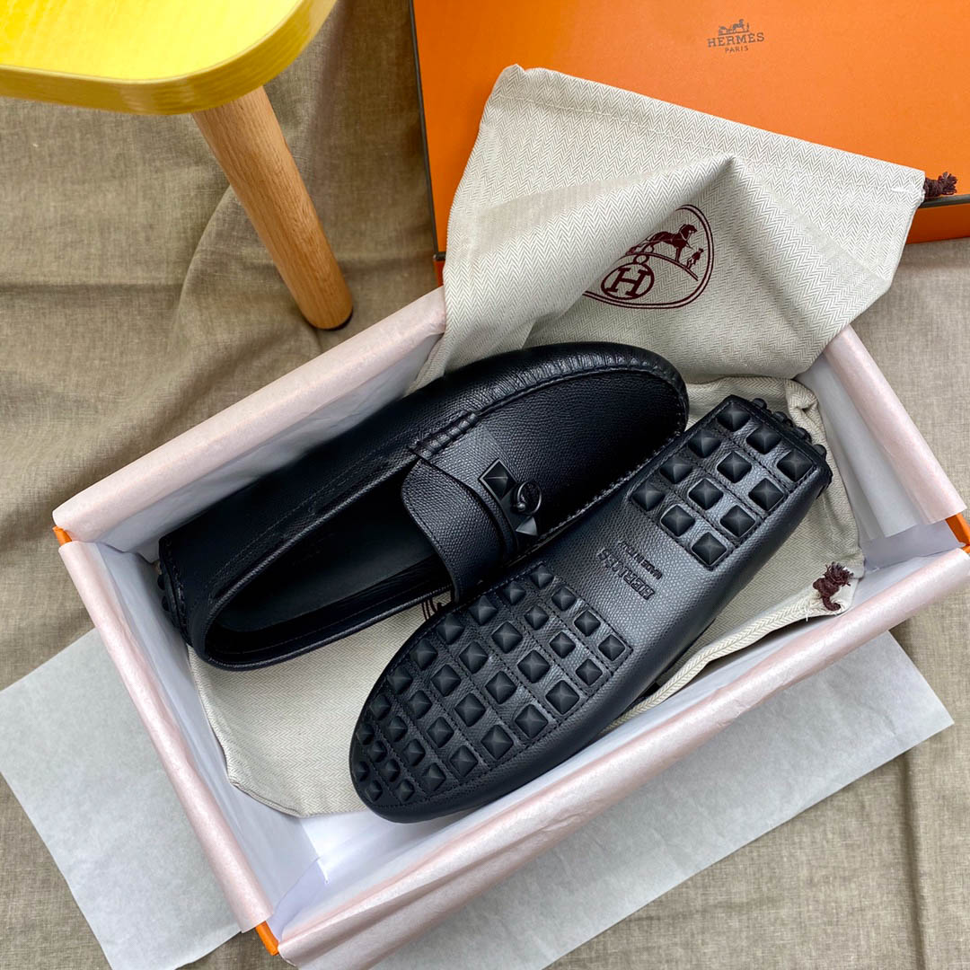 Giày lười Hermes Irving Loafer Black Đen Da Bê có Vân